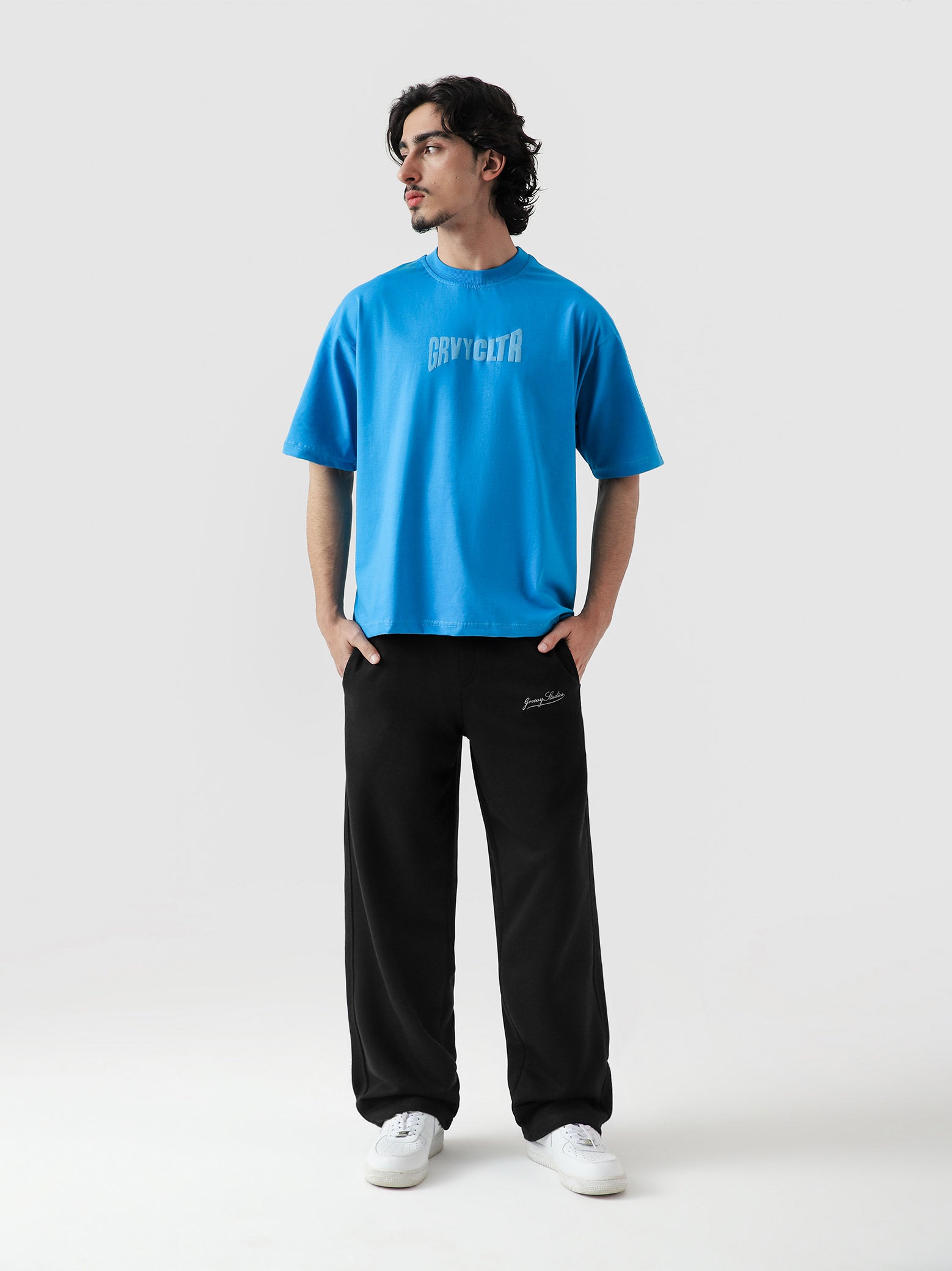 GRVY Shark electric blue tee flat lay product Pakistan – GROOVY