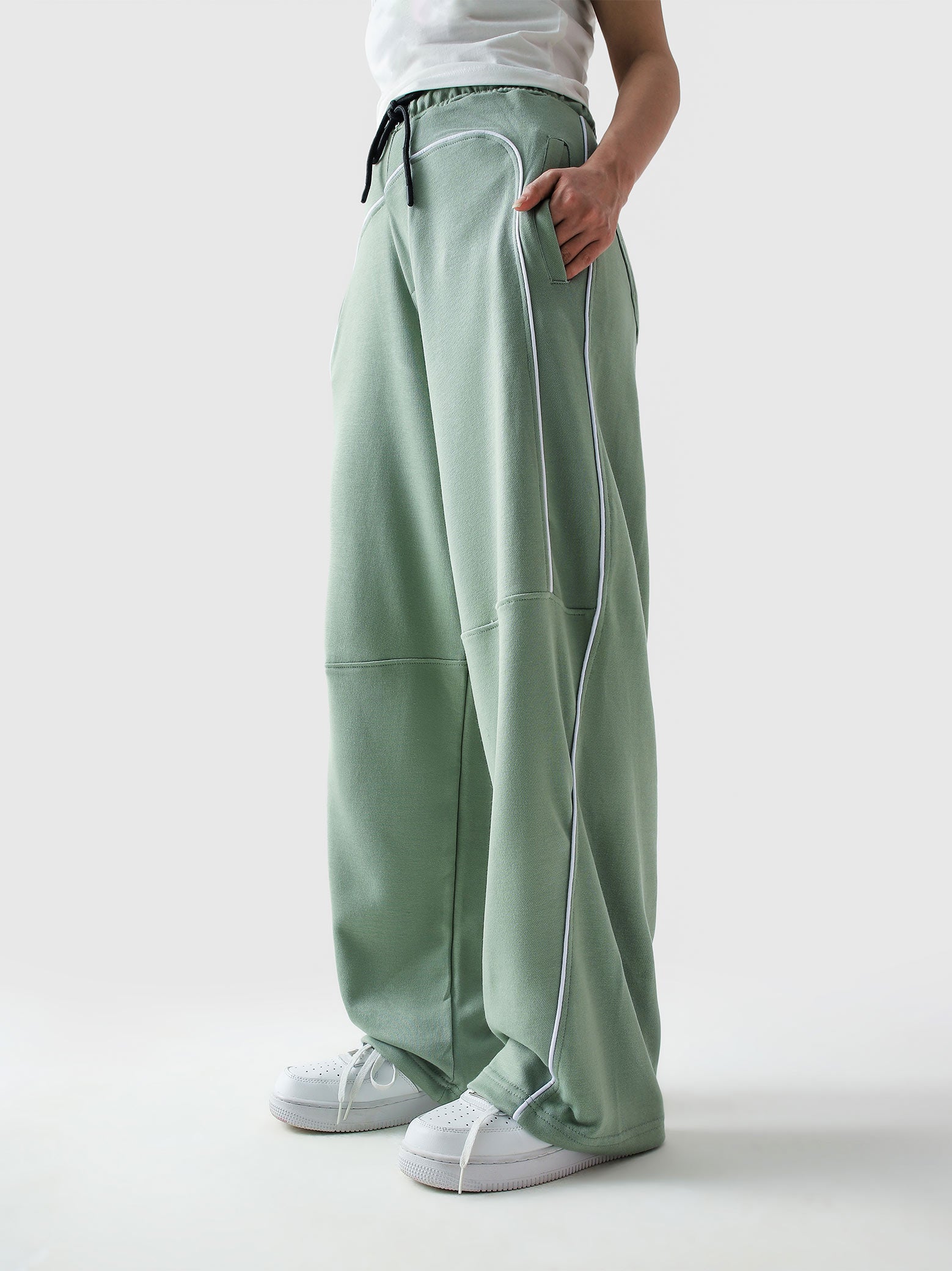 Piping trouser sage green flat lay wide leg contrast detail Pakistan – GROOVY