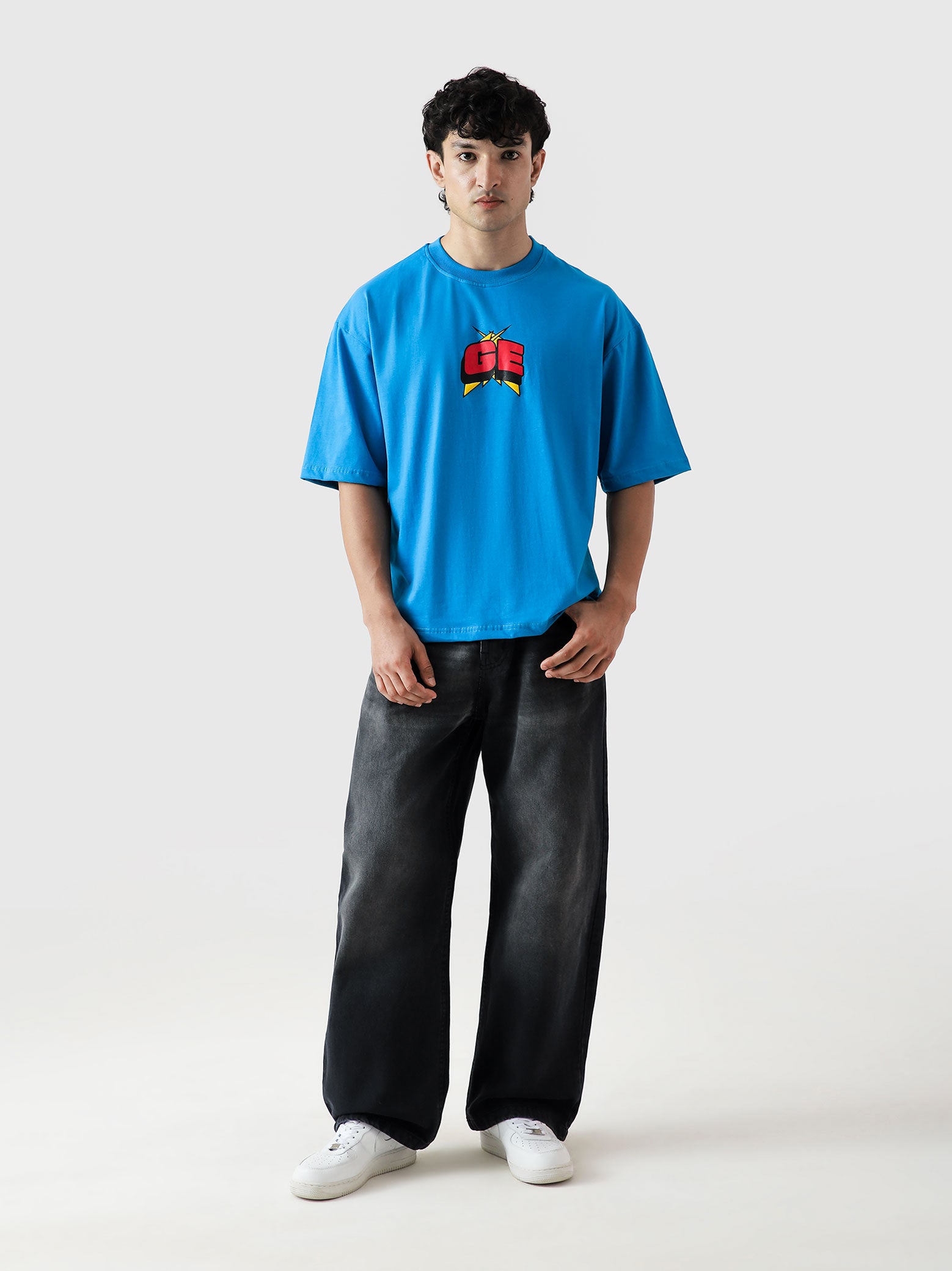 MONEY LOVES ENERGY tee flat lay electric blue oversized graphic Pakistan – GROOVY