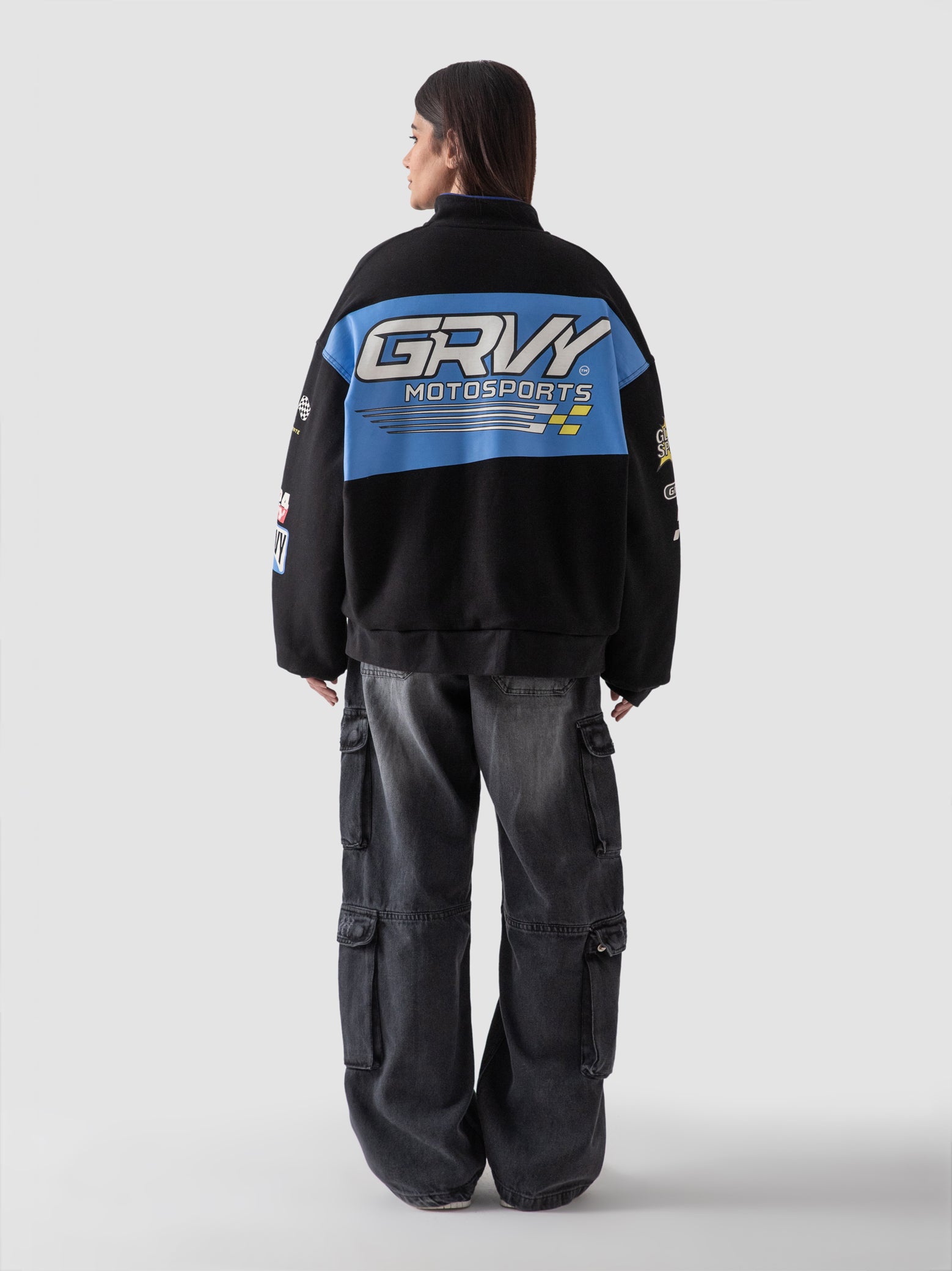 Racer jacket female model back view oversized fleece moto Pakistan – GROOVY