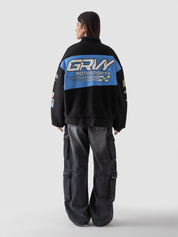 Racer jacket female model back view oversized fleece moto Pakistan – GROOVY