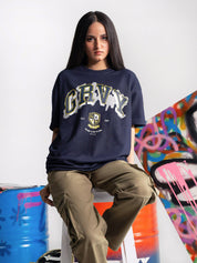 The Best Is Yet To Come navy blue oversized tee male model full body front view Pakistan – GROOVY