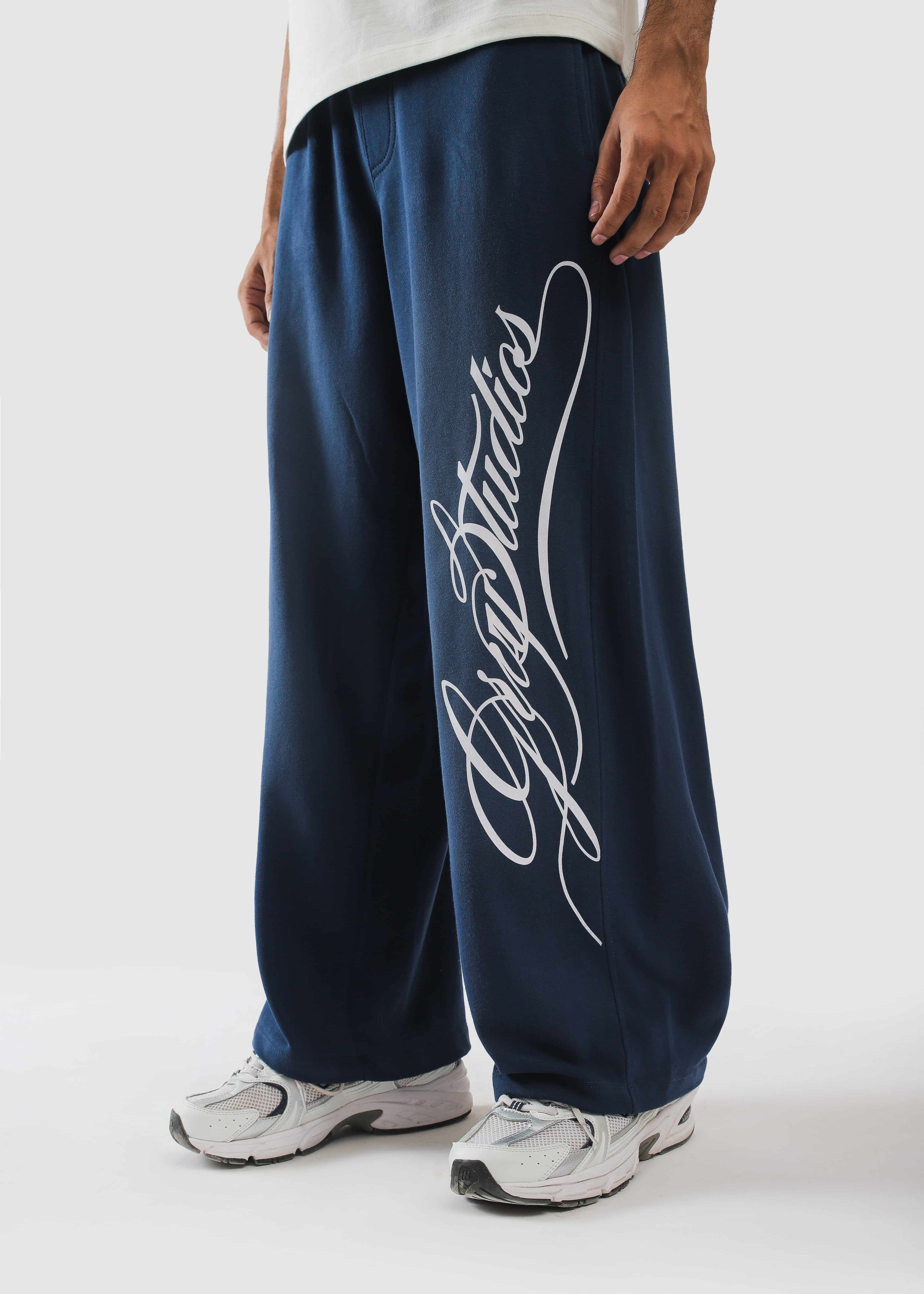 Deep blue washed terry sweatpants front - Script Sweats | GROOVY Pakistan