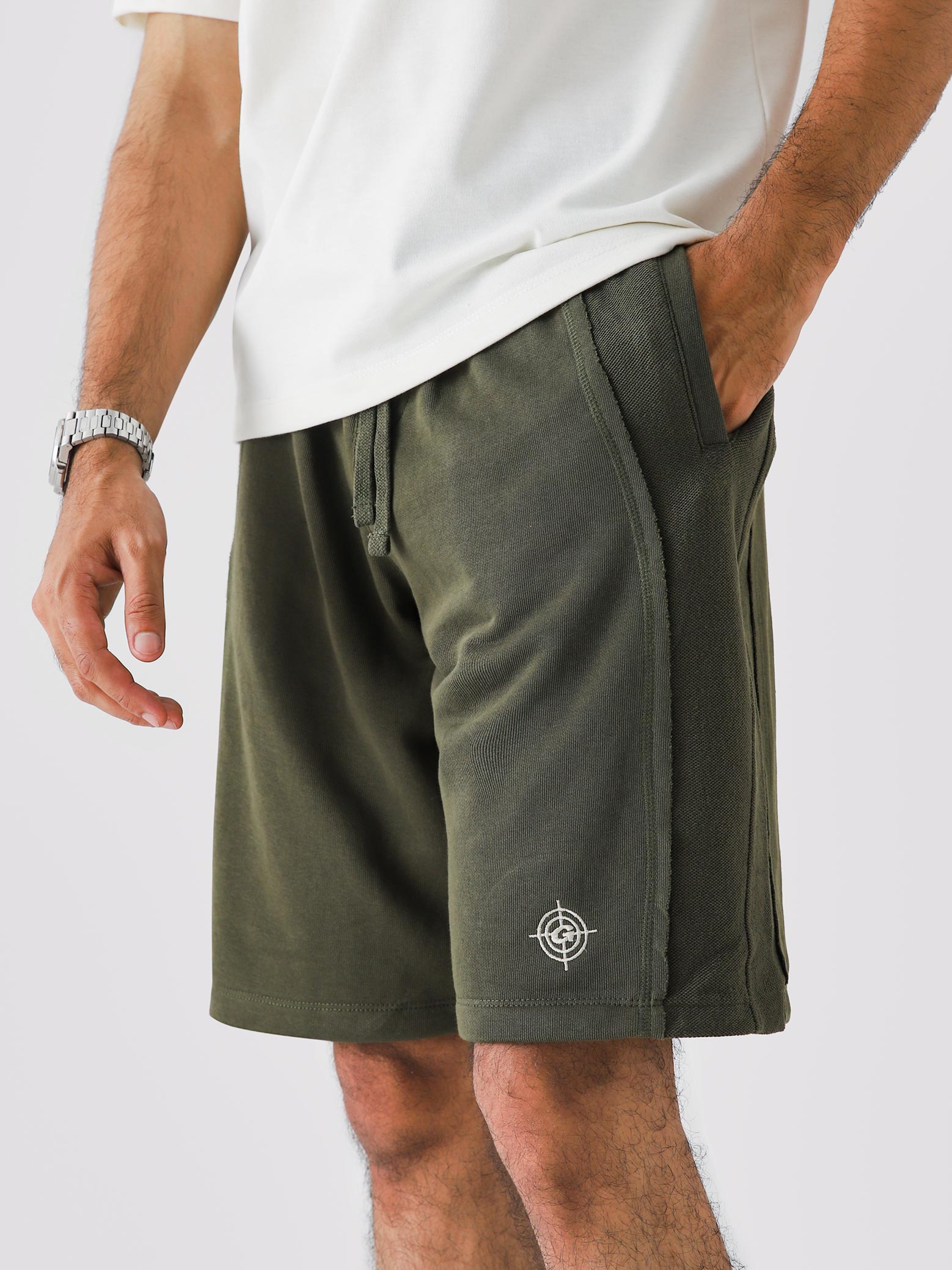 Military Green Aim Shorts by GROOVY, soft lightweight men's gym and everyday shorts in Pakistan