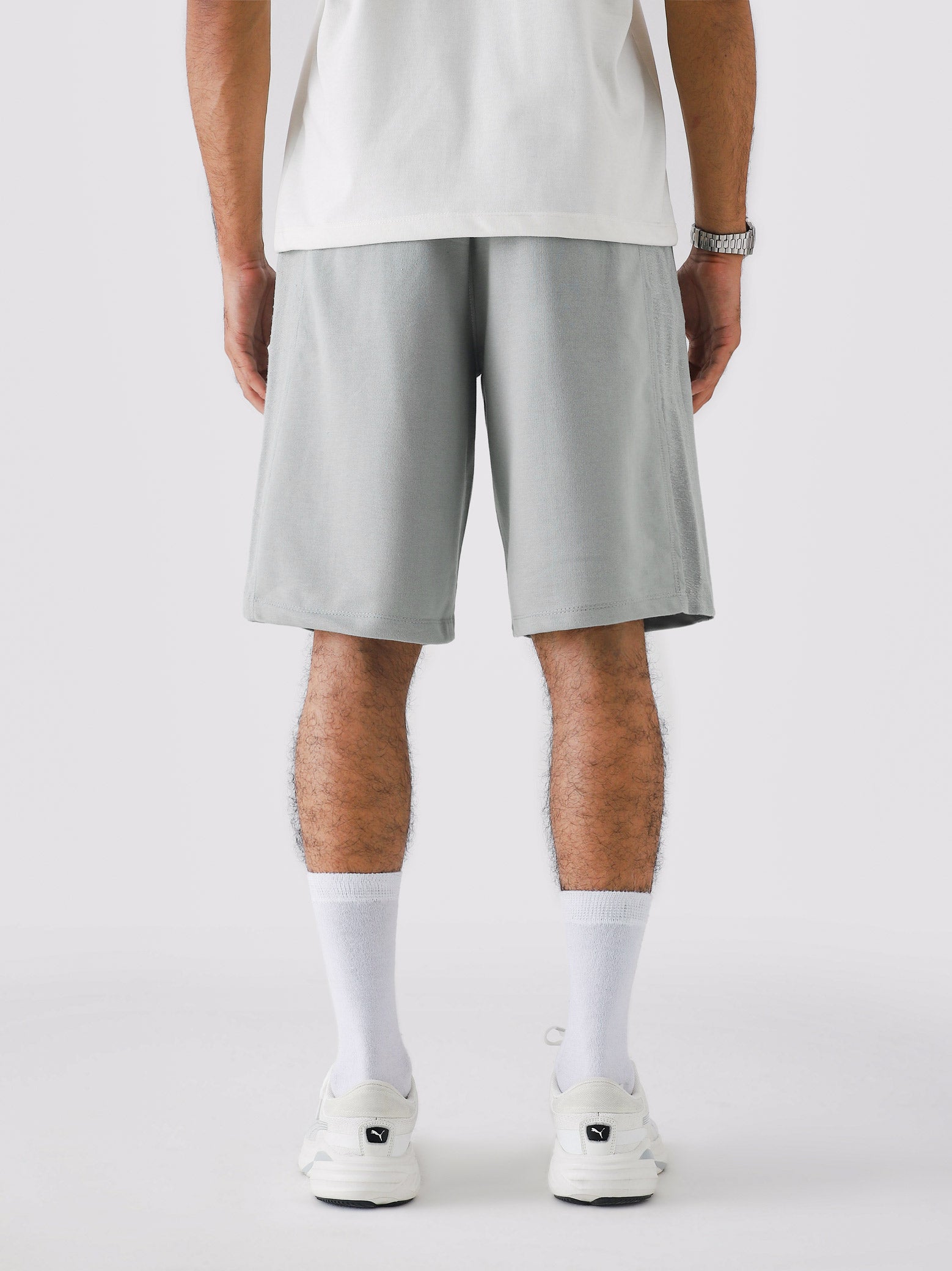 Cool Grey Aim Shorts close-up, soft cotton men's everyday shorts by GROOVY Pakistan