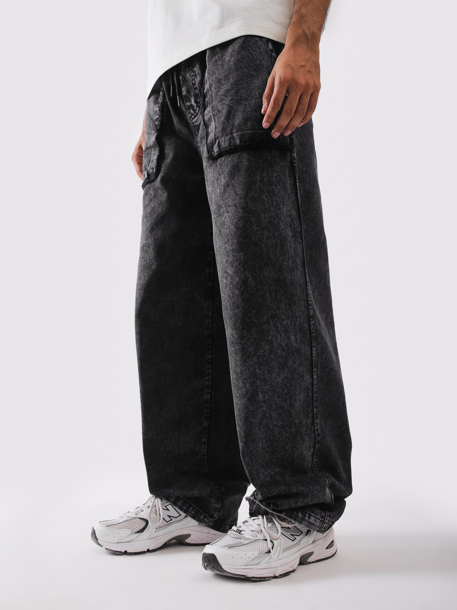 Mineral washed black cargo trousers front - Reverse Washed Cargo | GROOVY Pakistan