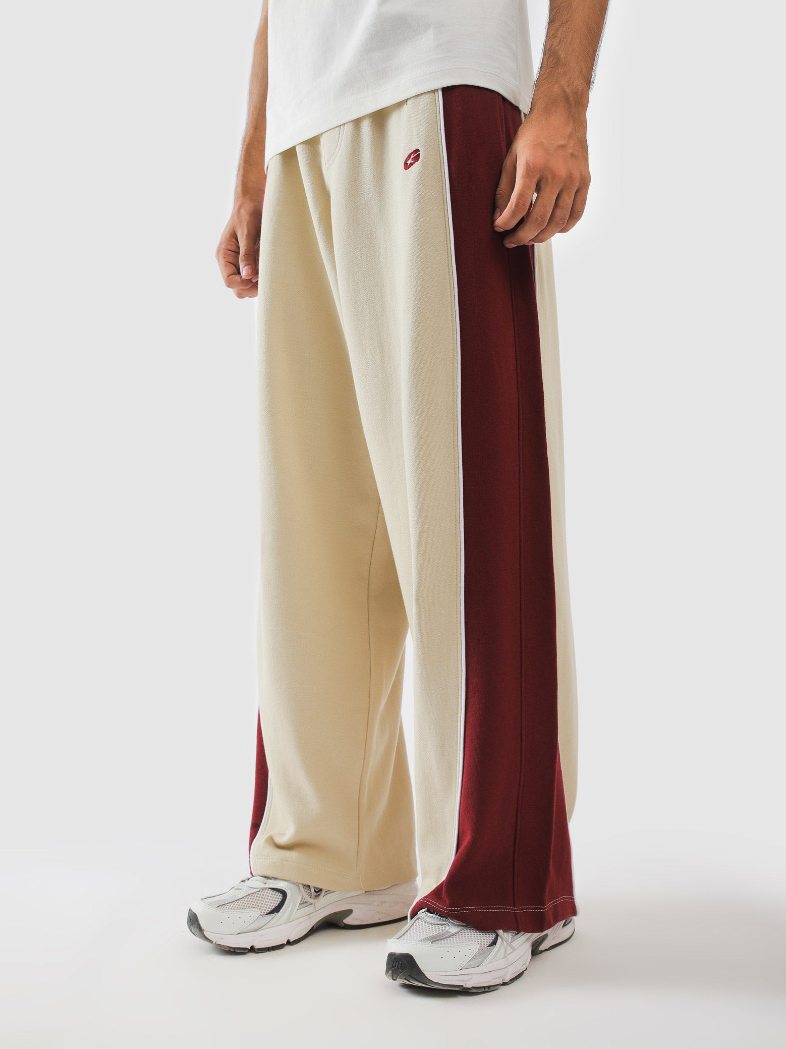 Cream terry sweatpants with red wine panel - Daily Drift | GROOVY Pakistan