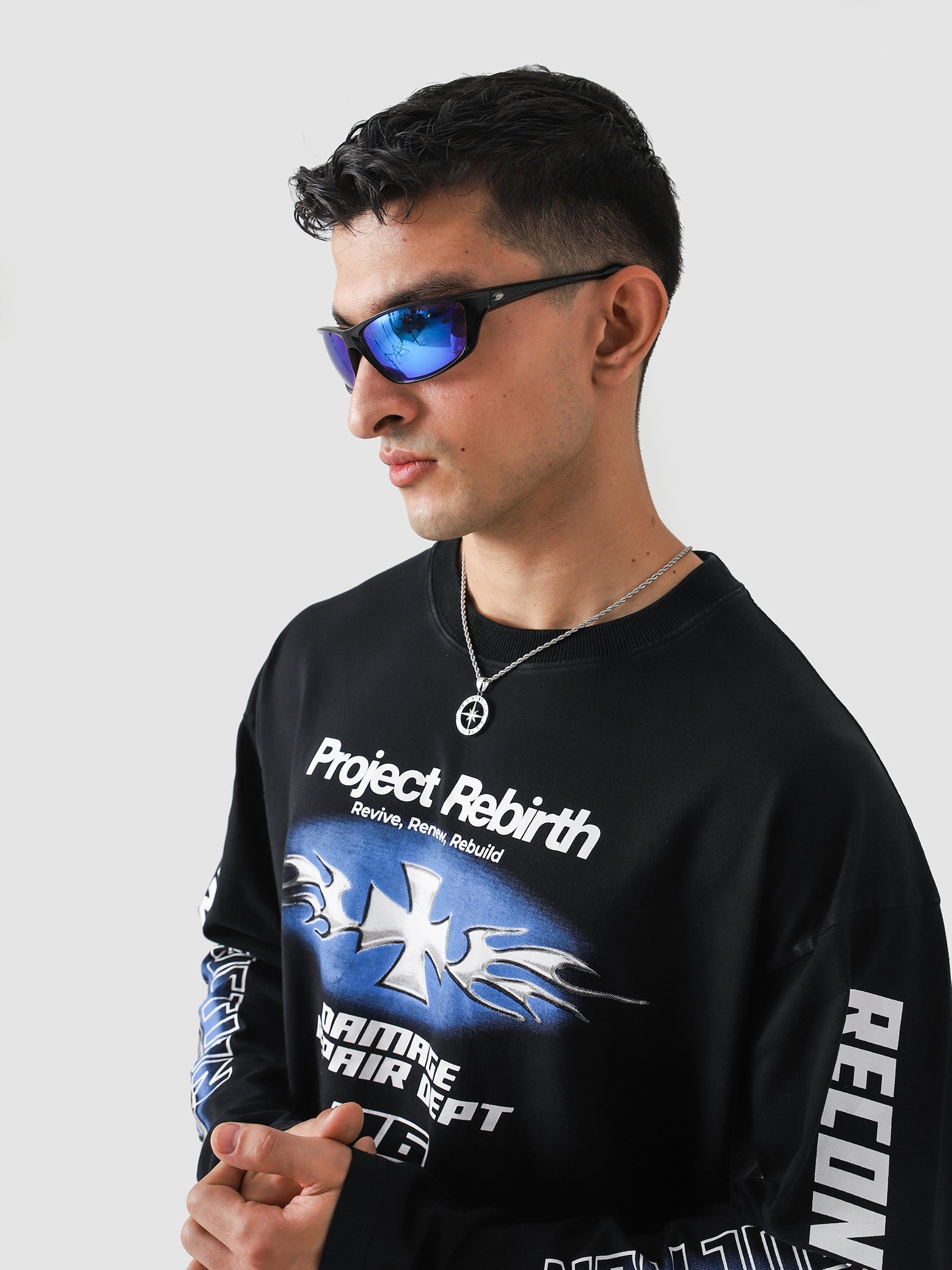 Project Rebirth Black Washed Tee Male Model Outdoor Lifestyle – GROOVY Pakistan