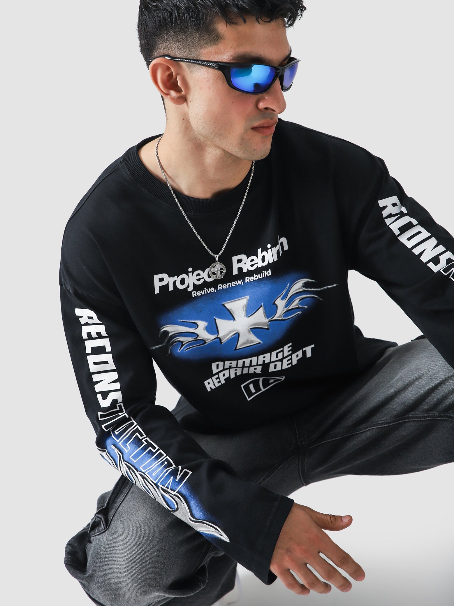 Project Rebirth Black Washed Tee Male Model Side View – GROOVY Pakistan