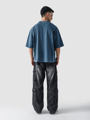 Deep Blue Washed Blank Tee Female Model Front View – GROOVY Pakistan