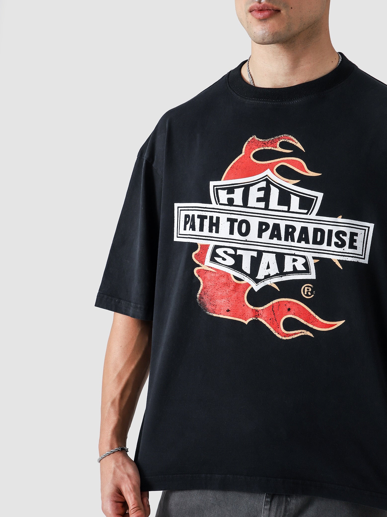 Hell Star Black Washed Tee Male Model Side View – GROOVY Pakistan