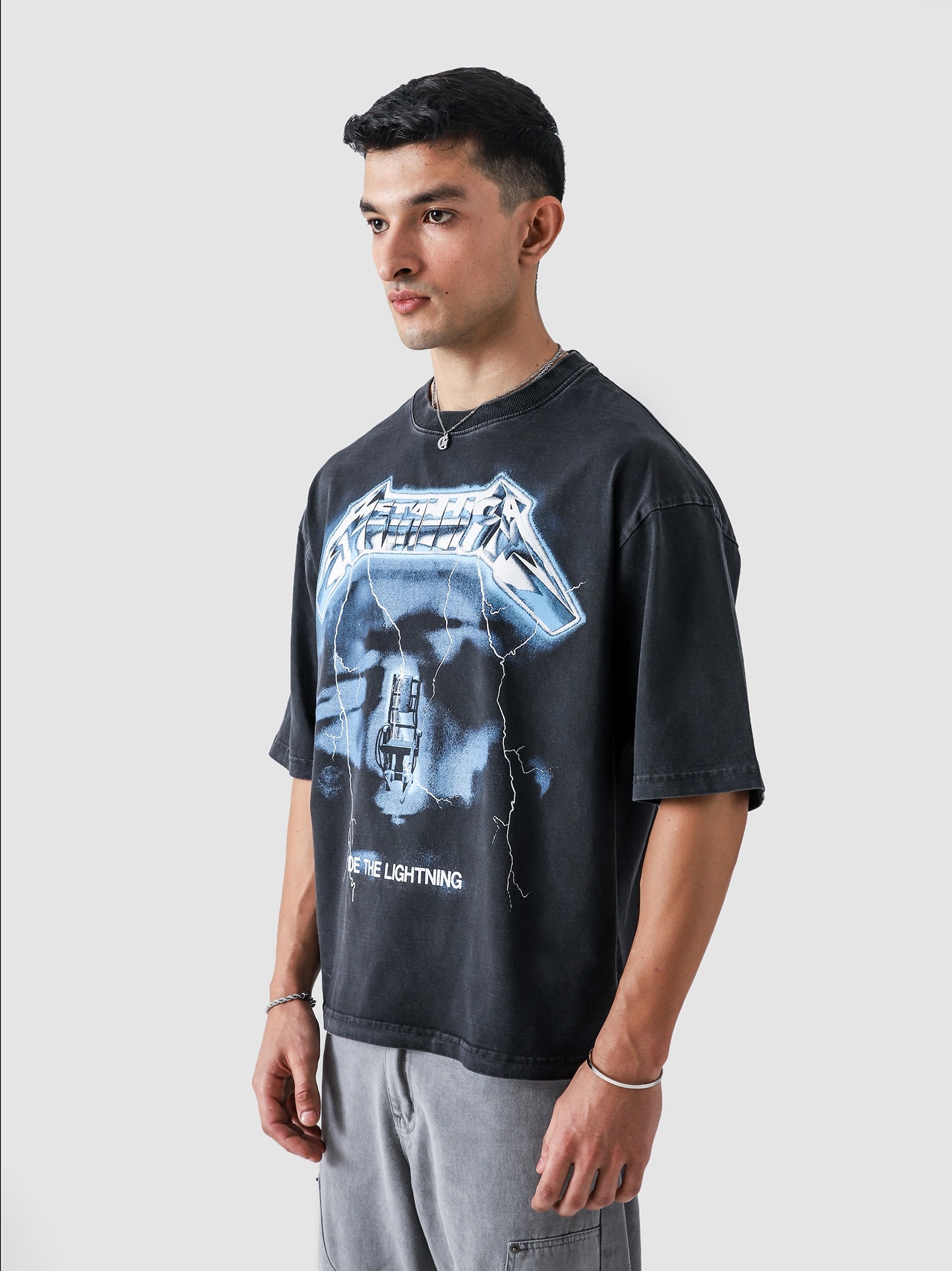 Metallica washed grey t-shirt male model back view oversized Pakistan – GROOVY