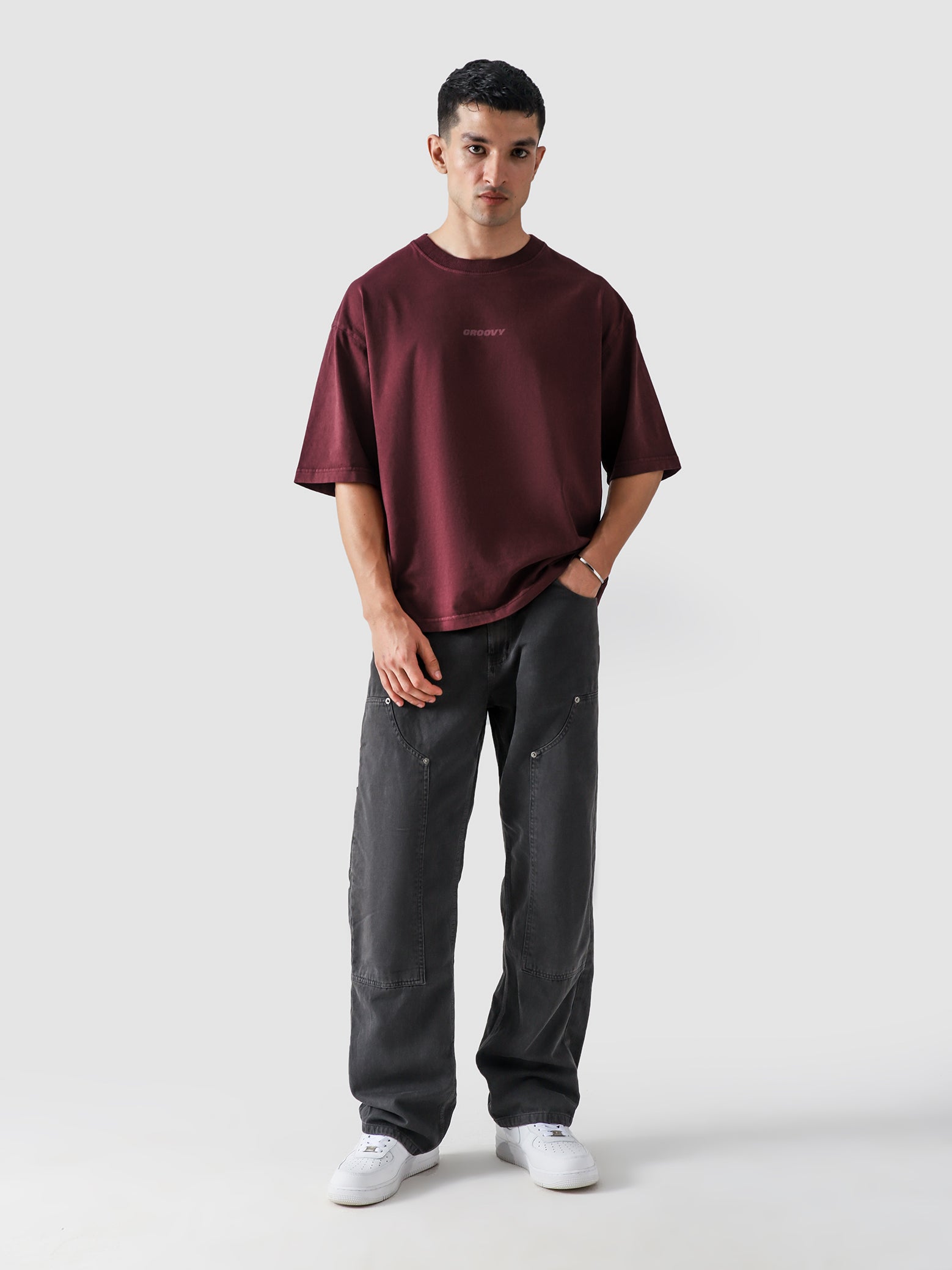 Crimson Washed Blank Tee Male Model Full Body Front – GROOVY Pakistan