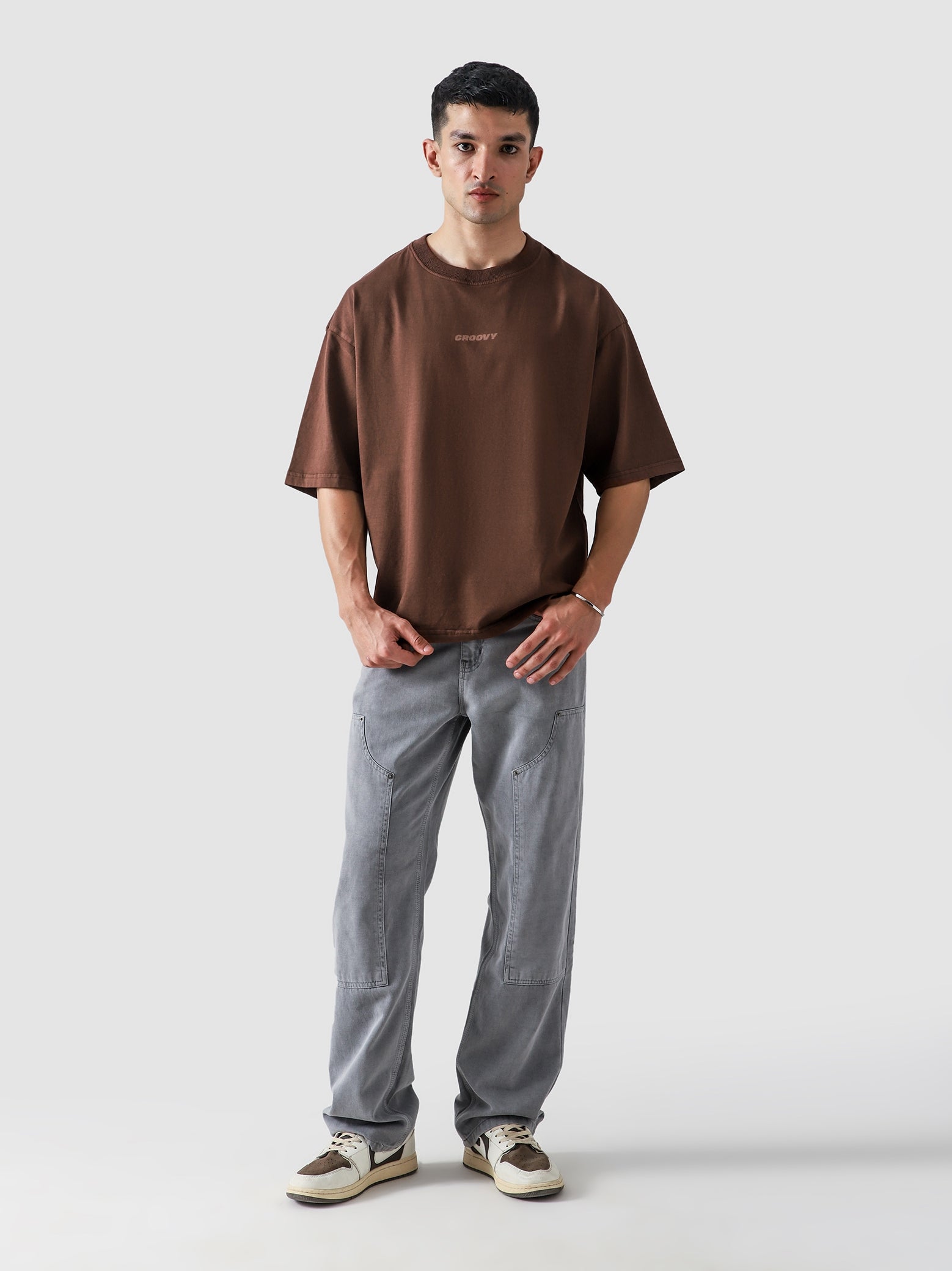 Mocha Brown Washed Blank Tee Male Model Front View – GROOVY Pakistan