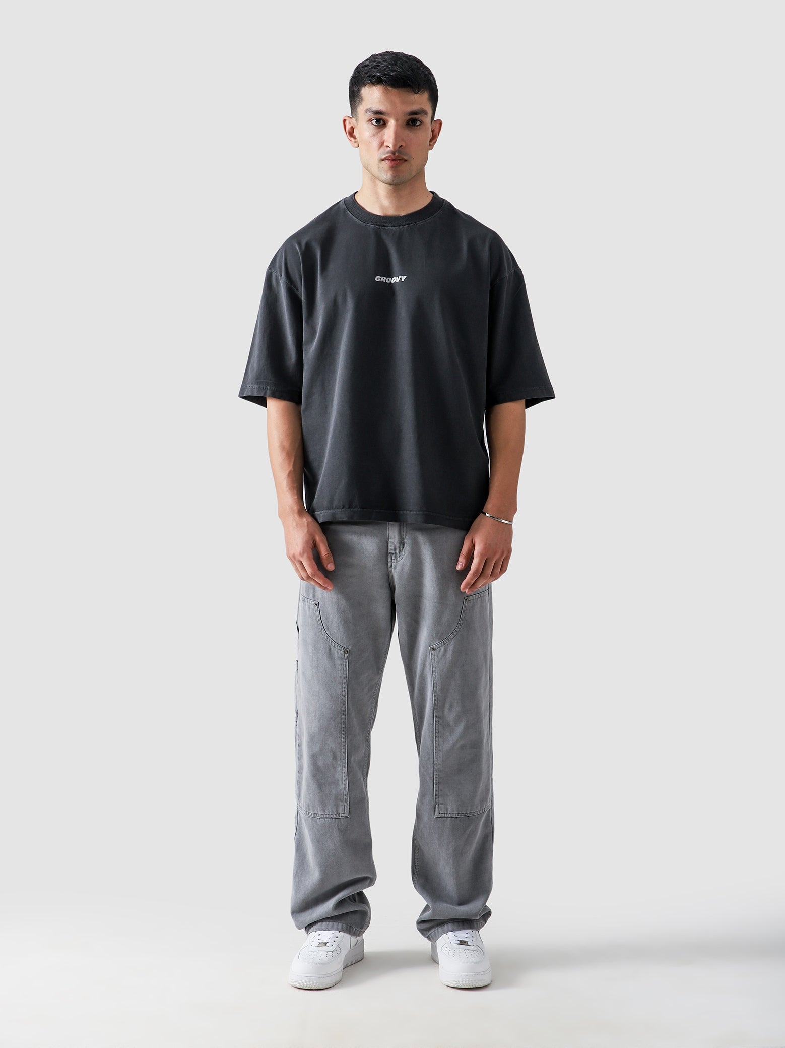 Shadow Grey Washed Blank Tee Male Model Front View – GROOVY Pakistan