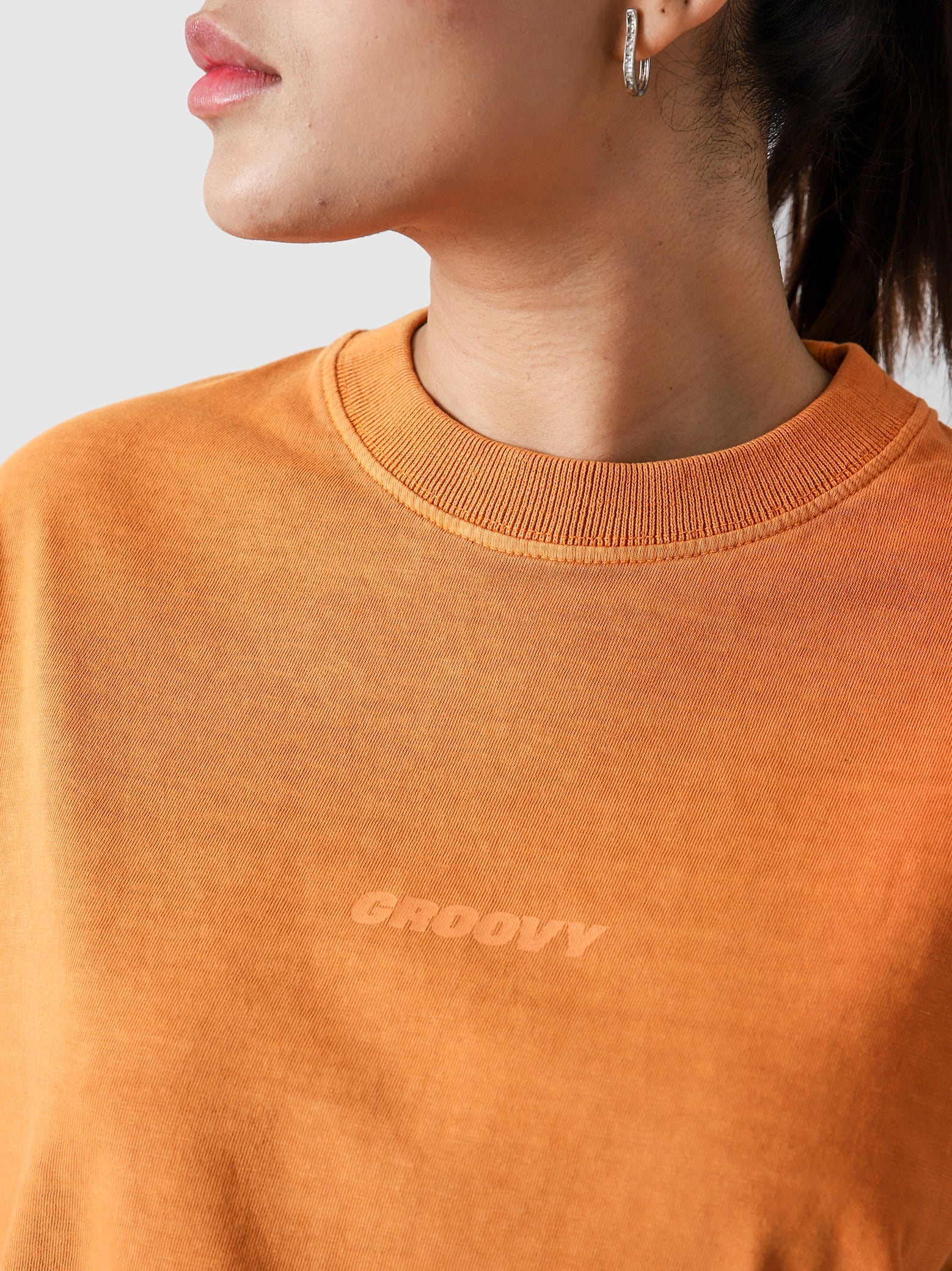 Rust Orange Washed Blank Tee Male Model Side View – GROOVY Pakistan