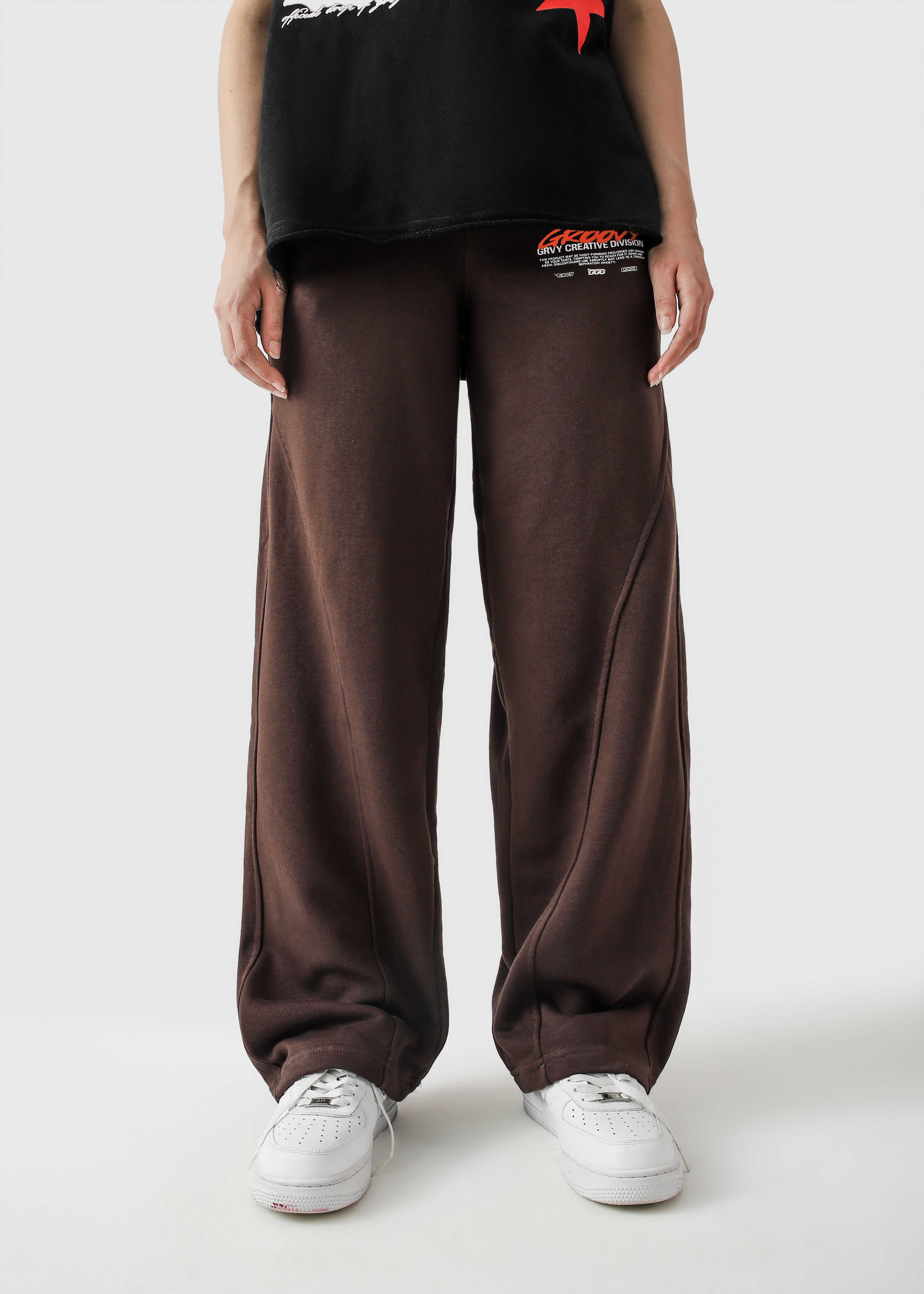 Mocha brown Unity VI pants female model full body front view Pakistan – GROOVY