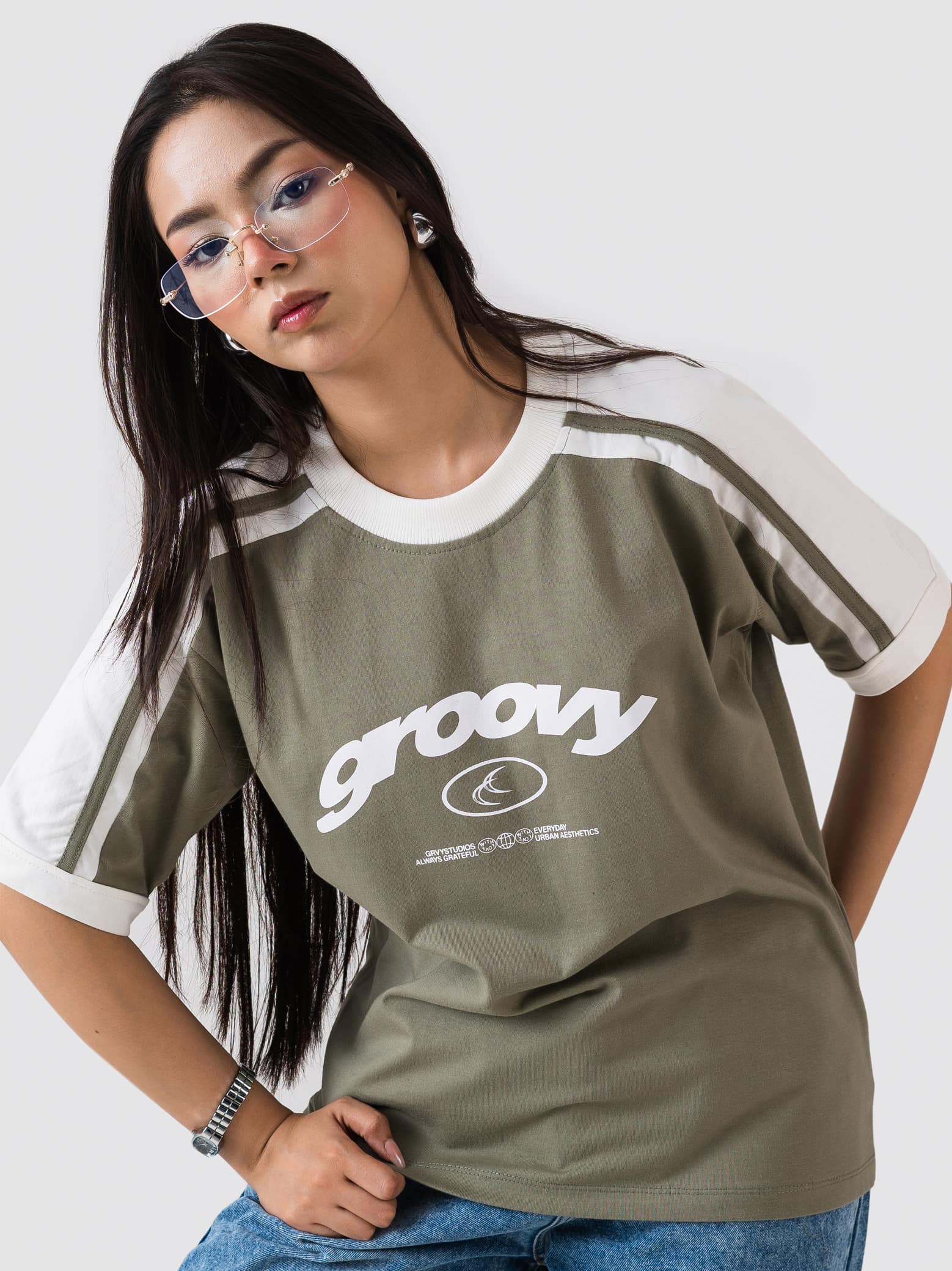 muted olive ringer t-shirt by GROOVY Pakistan, contrast trim