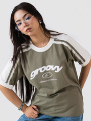 muted olive ringer t-shirt by GROOVY Pakistan, contrast trim
