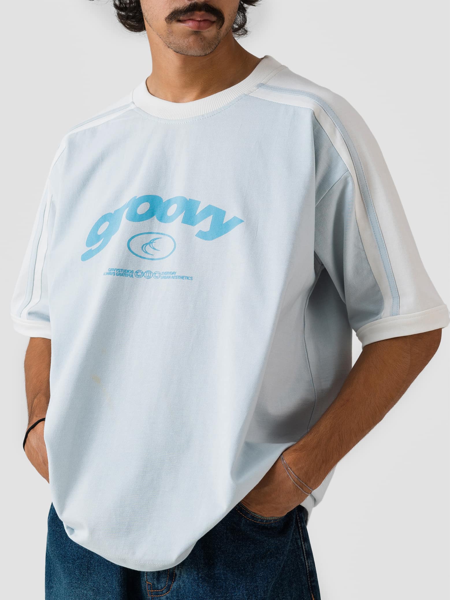 GROOVY frost blue ringer t-shirt, contrast trim, Pakistan