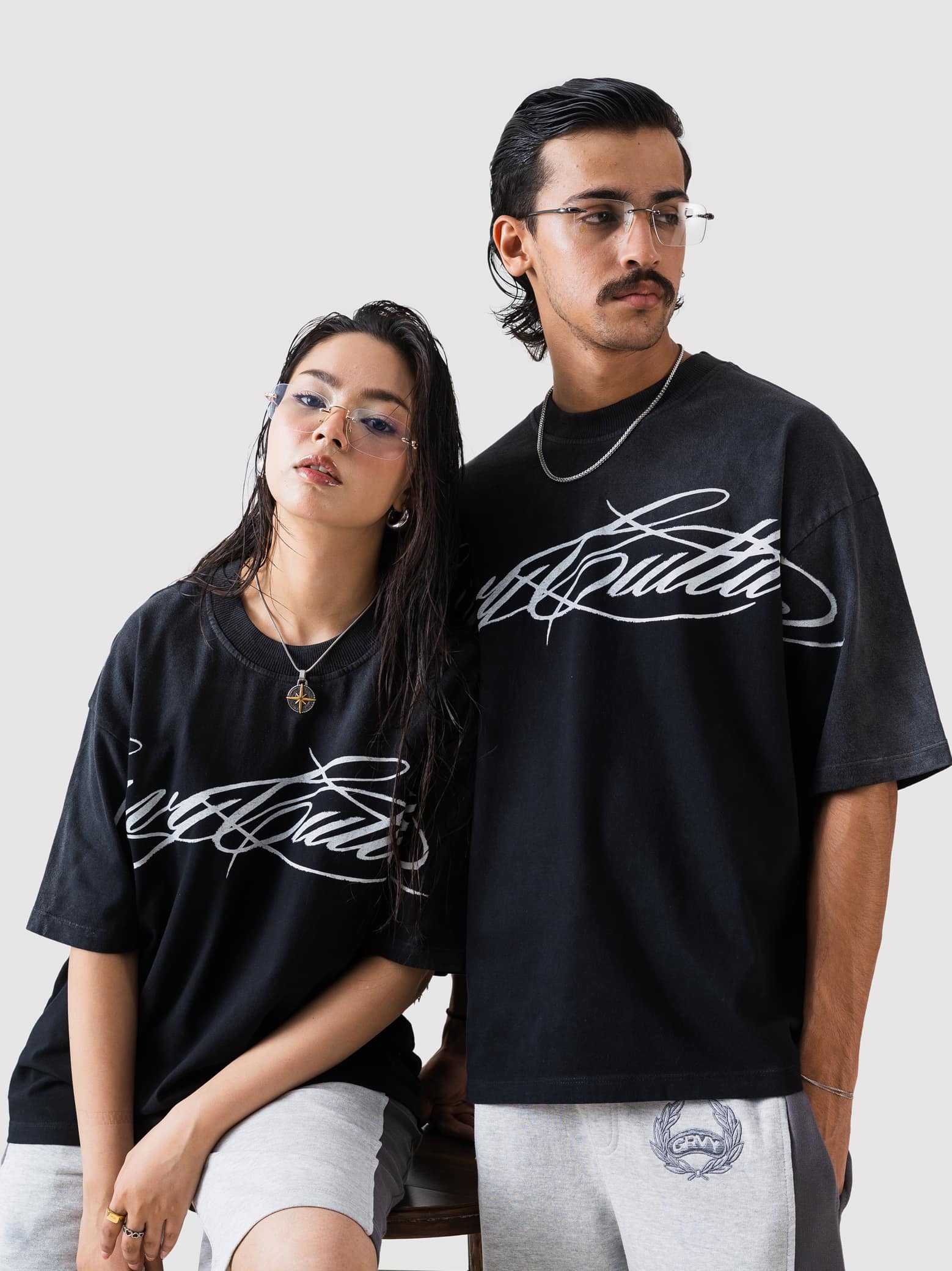 GROOVY fade-washed black t-shirt, script graphic print, Pakistan
