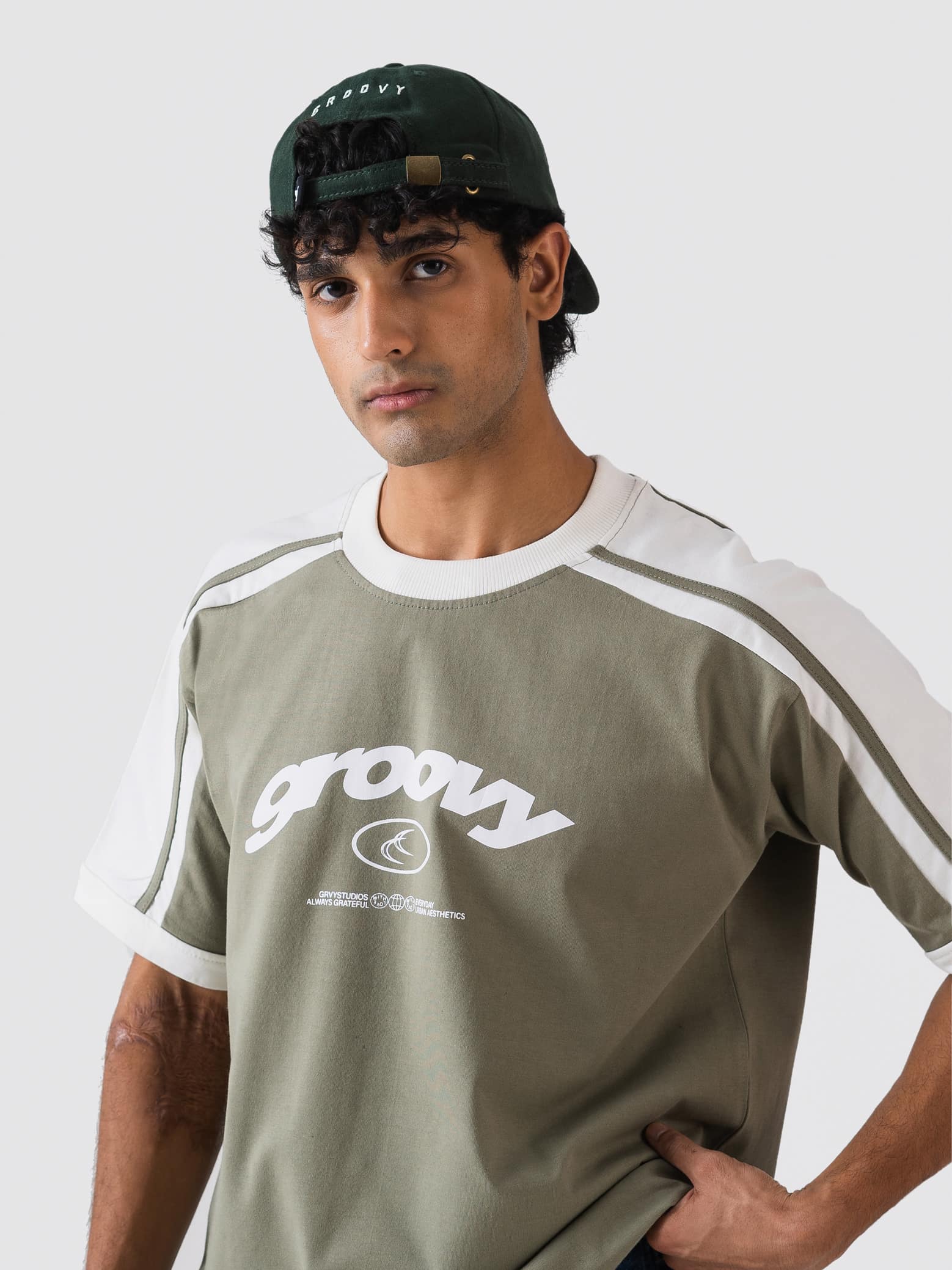 GROOVY Pakistan ringer t-shirt in muted olive, contrast trim