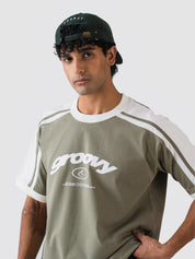 GROOVY Pakistan ringer t-shirt in muted olive, contrast trim