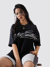 fade-washed black t-shirt by GROOVY, script graphic print, Pakistan
