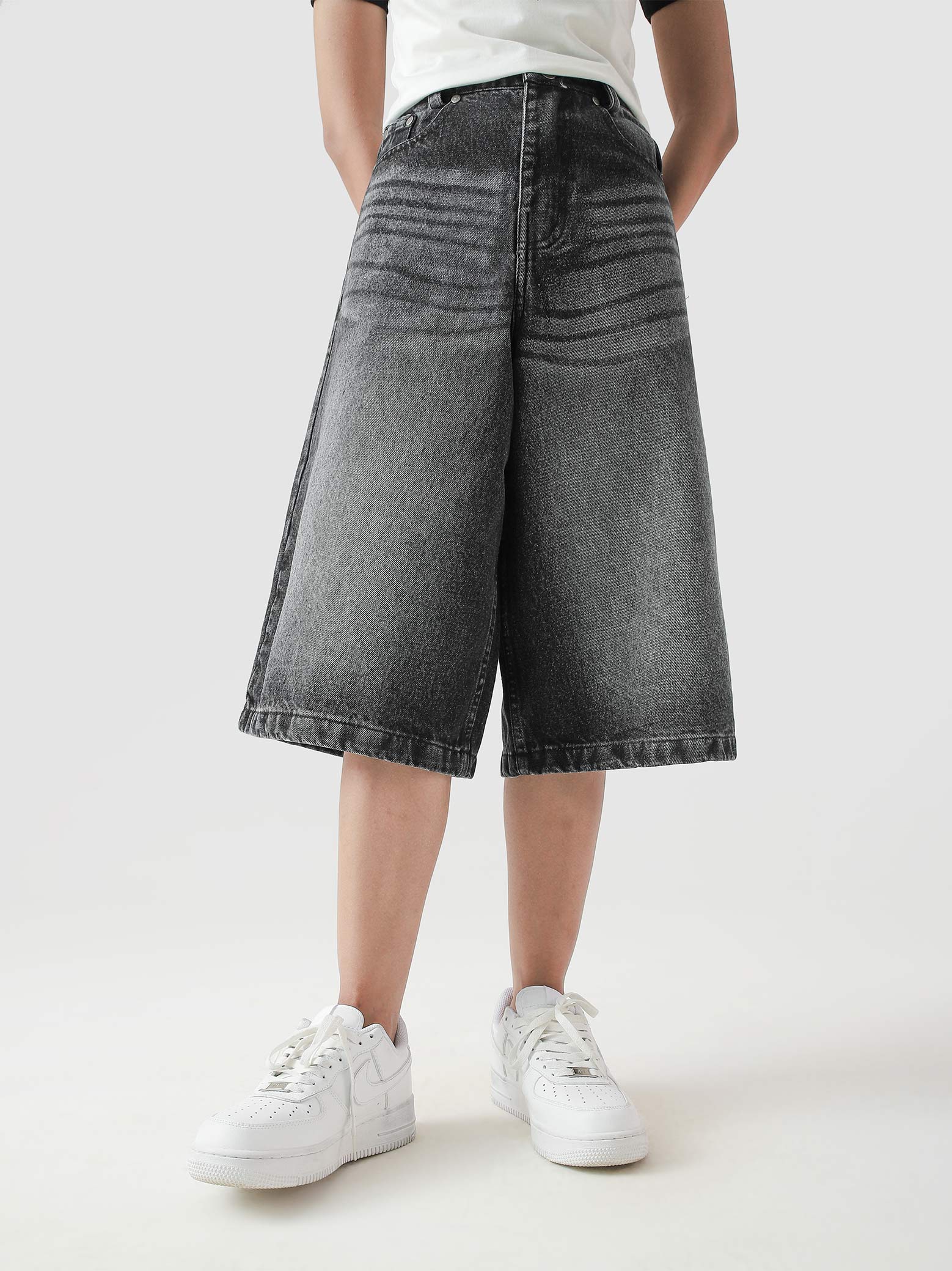 Jorts hard washed grey denim shorts flat lay product Pakistan – GROOVY