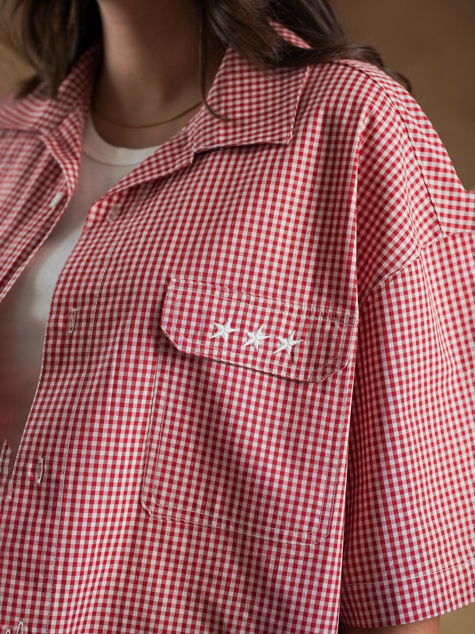 Collar and placket on red gingham shirt - GROOVY Pakistan