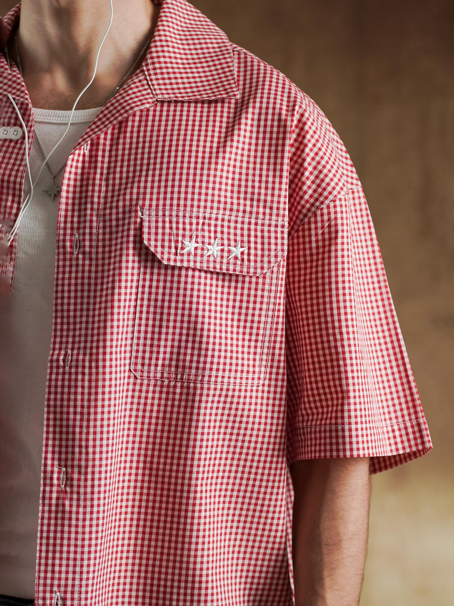 Side profile of red check oversized shirt - GROOVY Pakistan