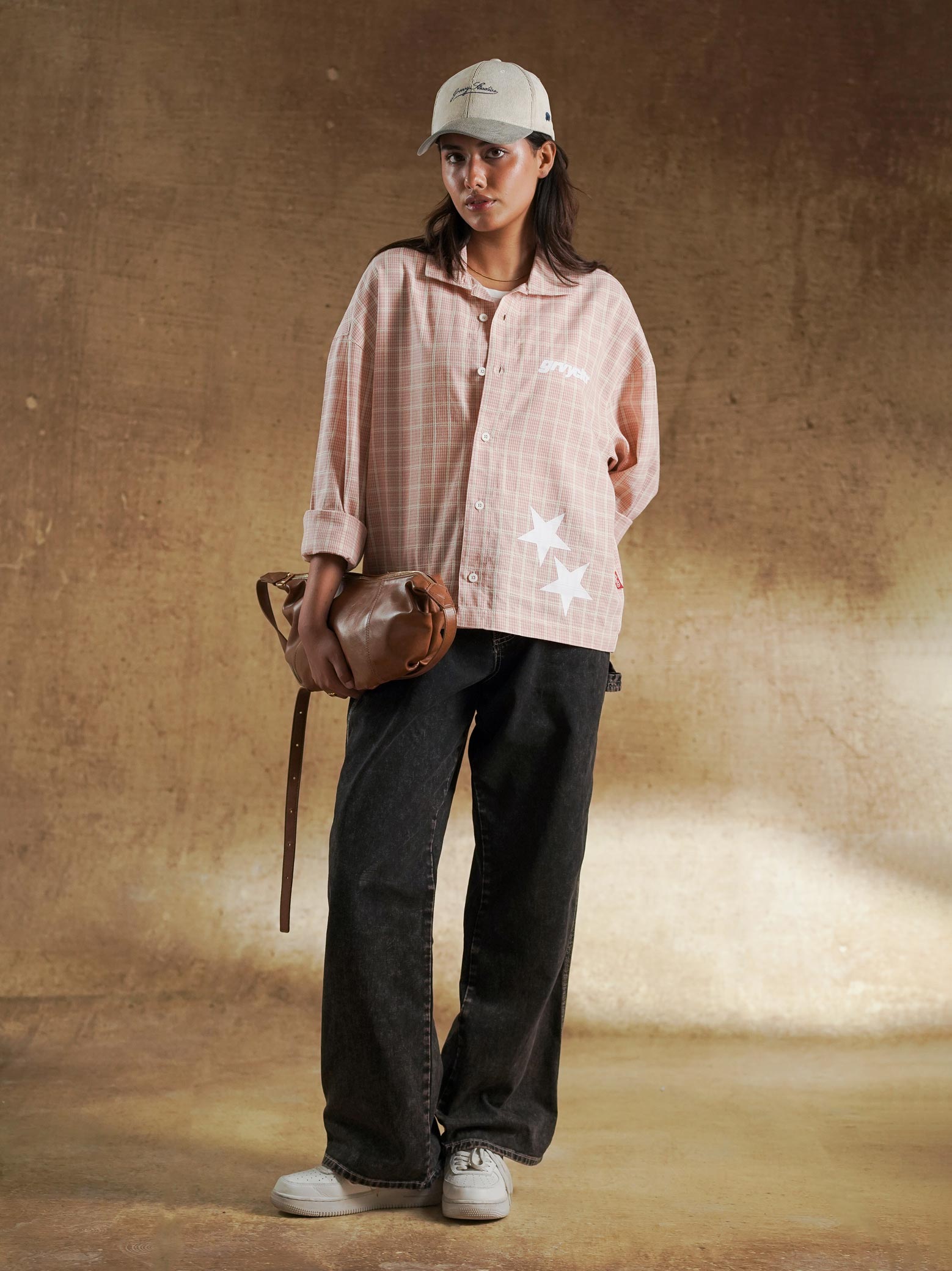 Collar and placket on salmon plaid button up - GROOVY Pakistan