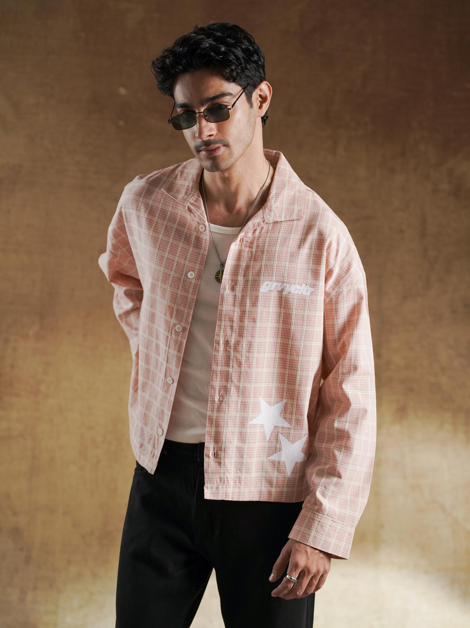Salmon plaid full sleeve shirt front - Solar Button Up | GROOVY Pakistan