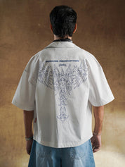 Navy linework print close up on cream shirting - GROOVY Pakistan