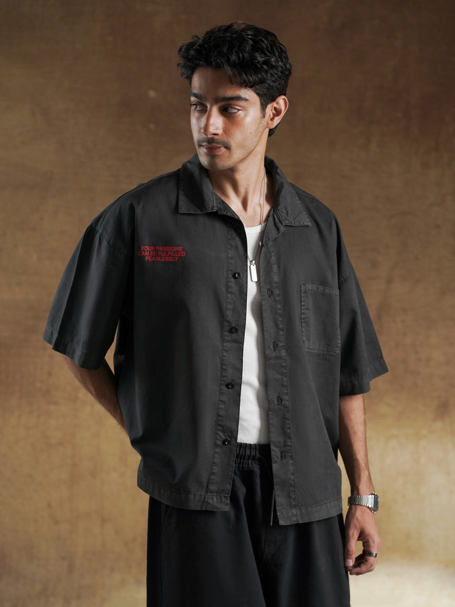 White skeletal back graphic on charcoal shirt - GROOVY Pakistan