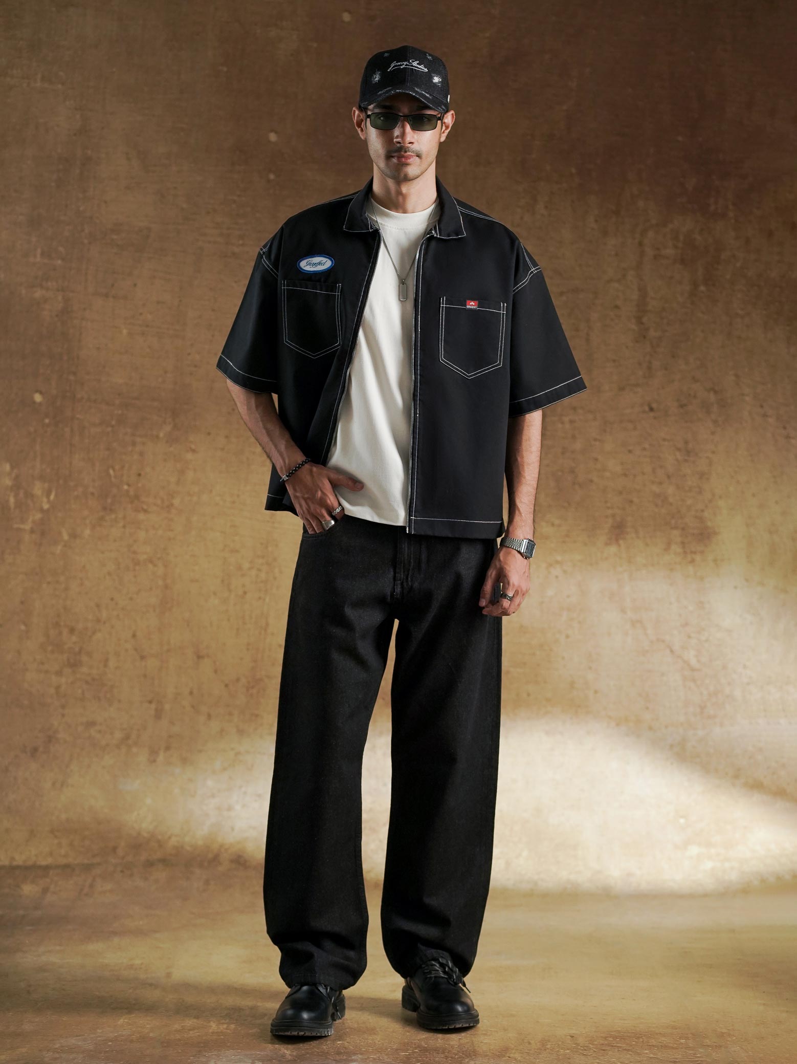 Black zip up work shirt front view - Pitcrew Shirt | GROOVY Pakistan