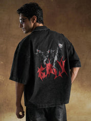 Doberman back print on black acid wash shirt - GROOVY Pakistan