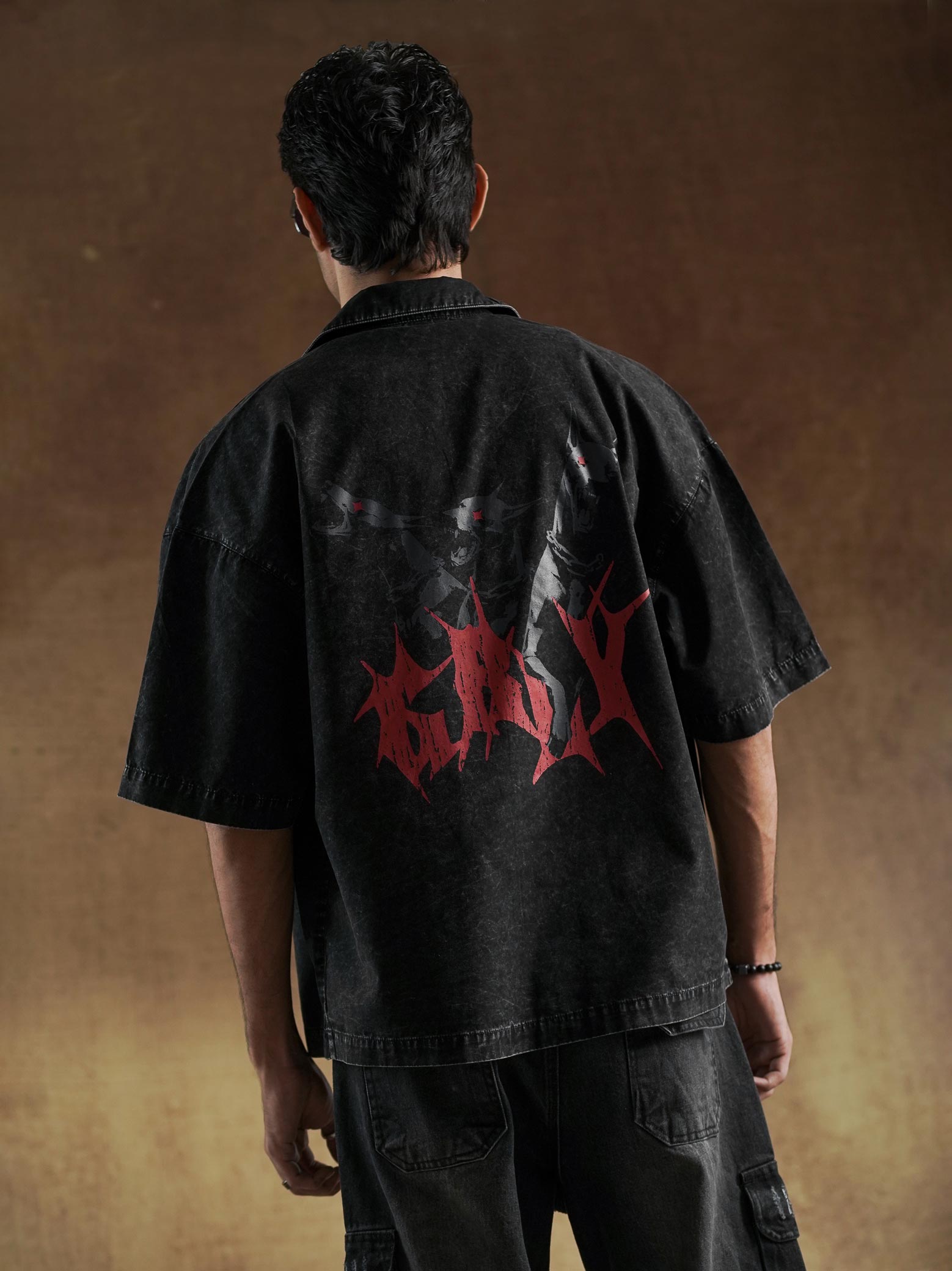 Black acid wash denim shirt front view - Boneless | GROOVY Pakistan
