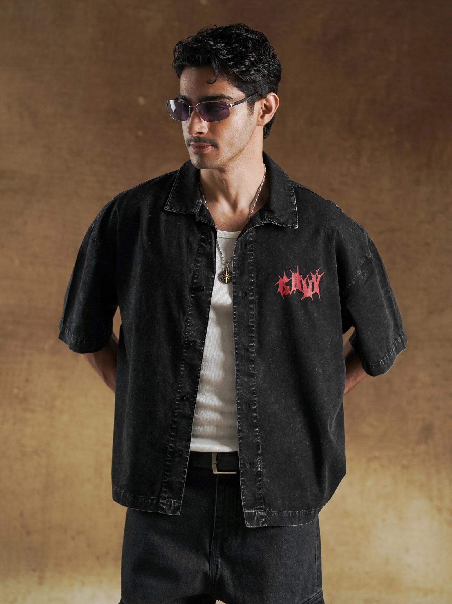 Acid wash fading detail on black denim shirting - GROOVY Pakistan
