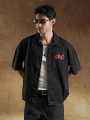 Acid wash fading detail on black denim shirting - GROOVY Pakistan