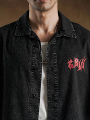 Camp collar on black acid washed denim shirt - GROOVY Pakistan