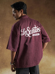 Chest logo detail on burgundy oversized shirt - GROOVY Pakistan