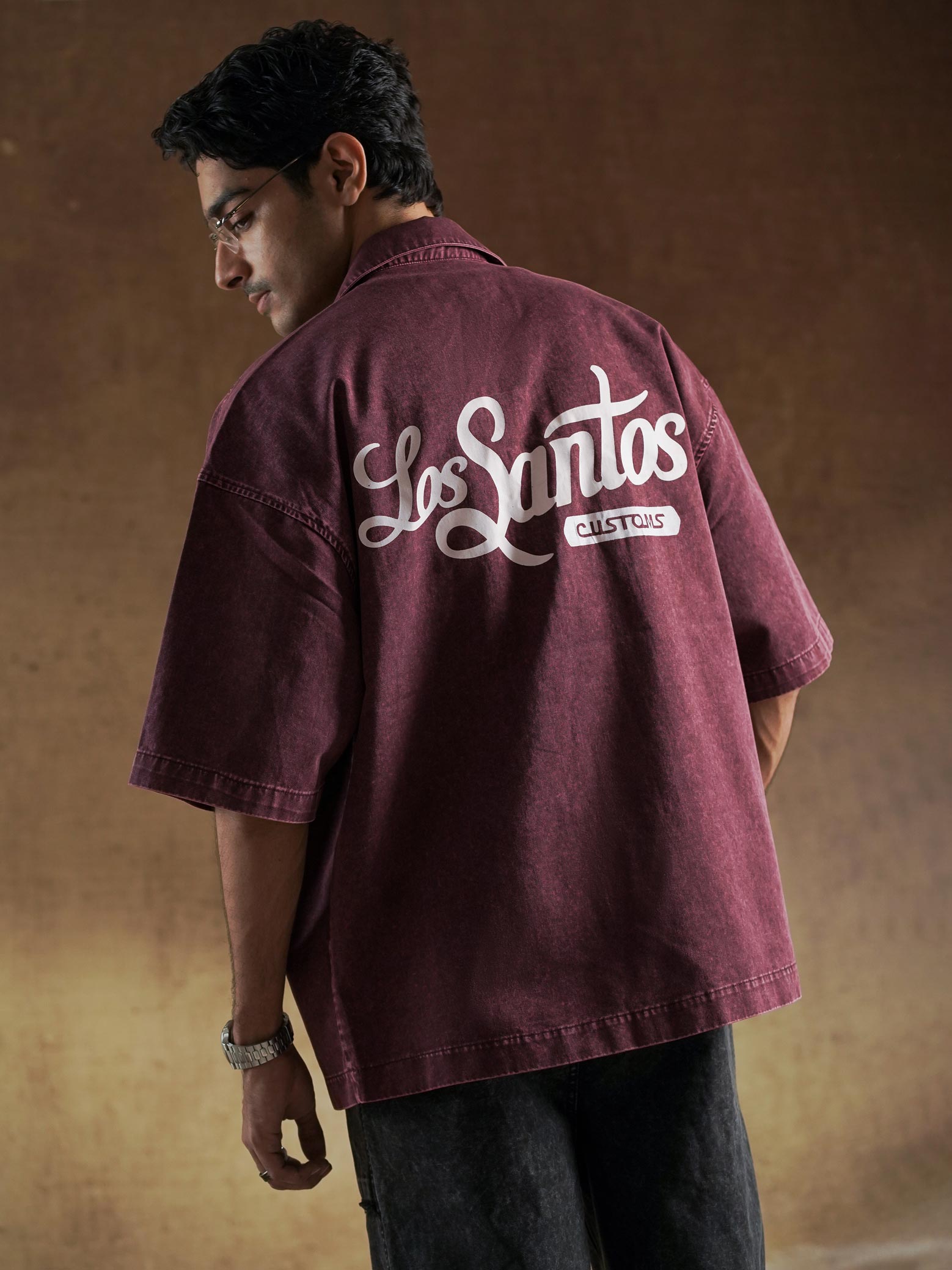 Burgundy mineral wash denim shirt front - Los Santos Customs | GROOVY Pakistan