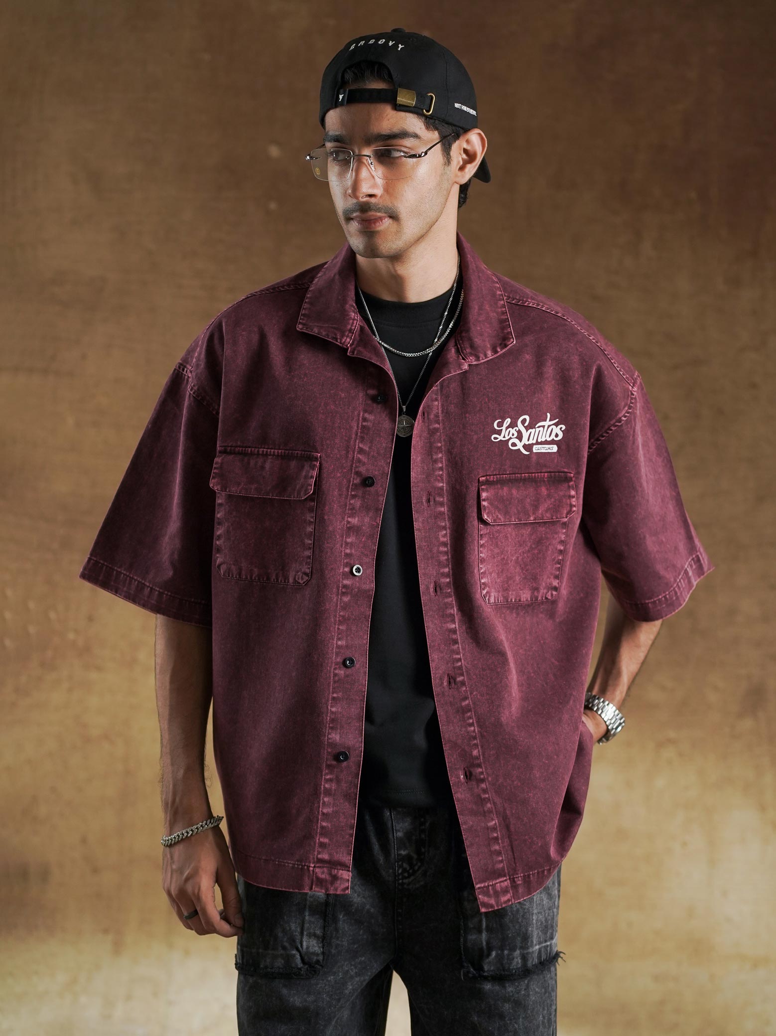 White script back print on burgundy washed shirt - GROOVY Pakistan