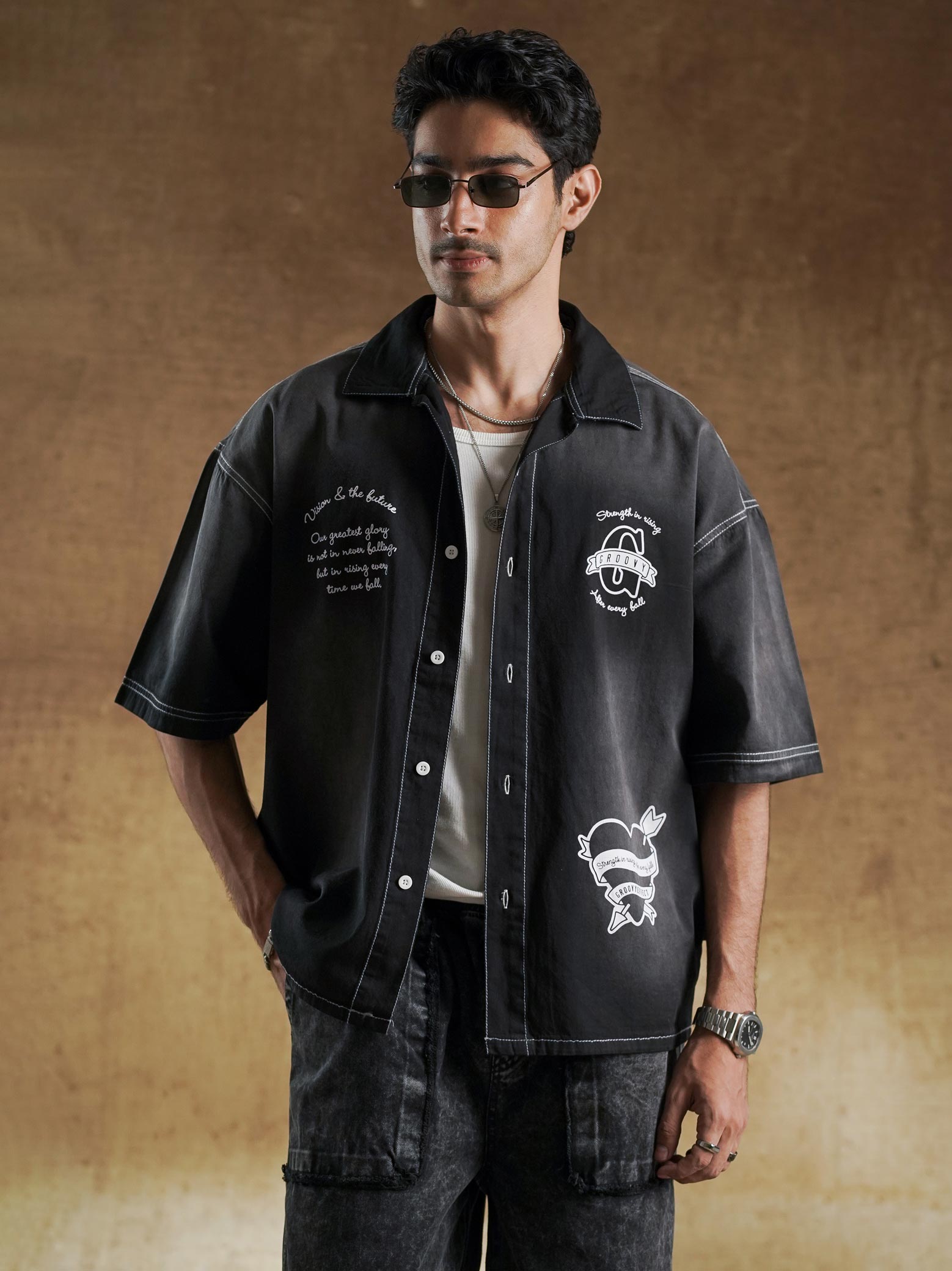 Washed black shirt with contrast stitching front - Washed Angels | GROOVY Pakistan