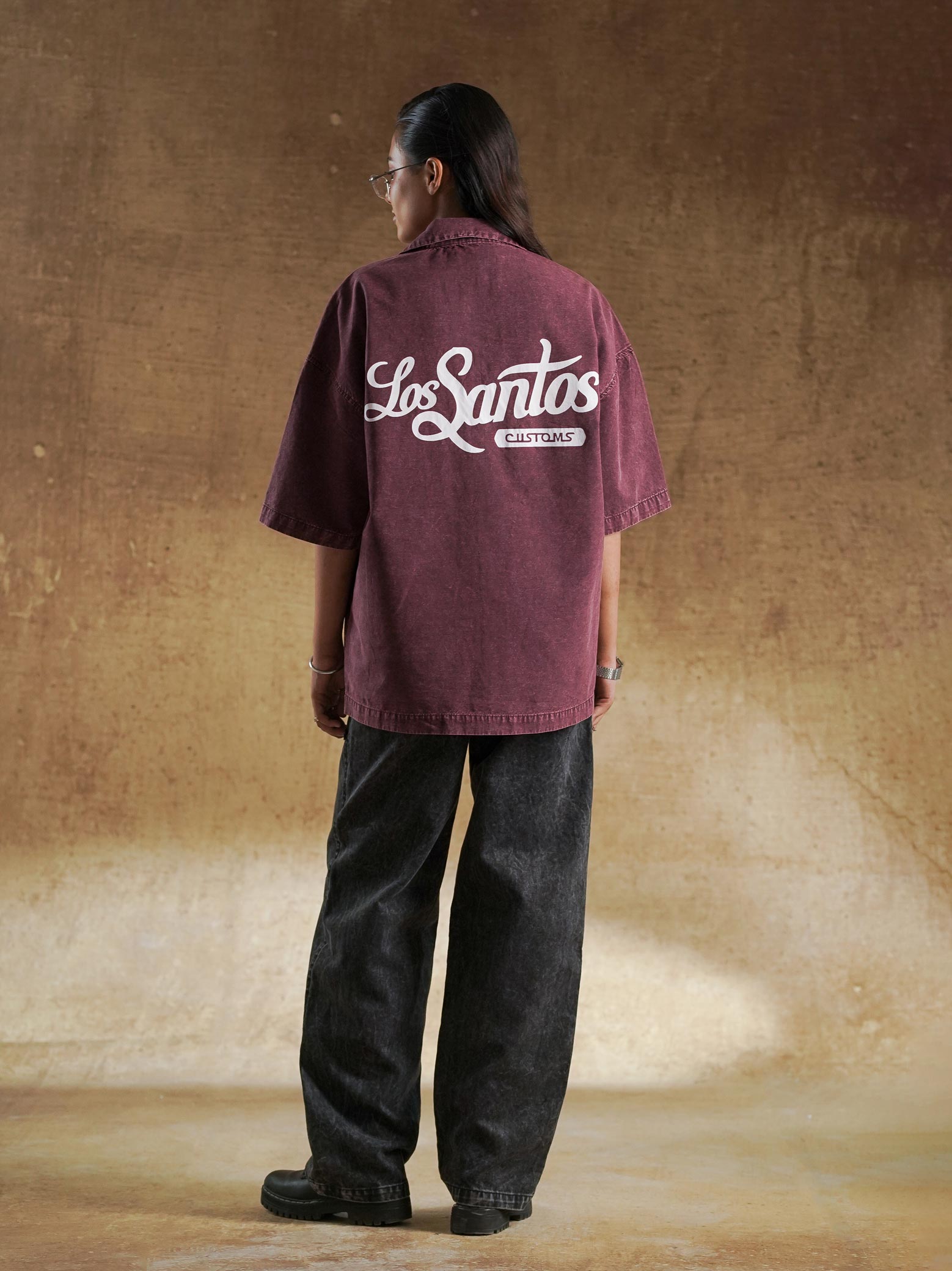 Collar and placket on washed burgundy denim shirt - GROOVY Pakistan