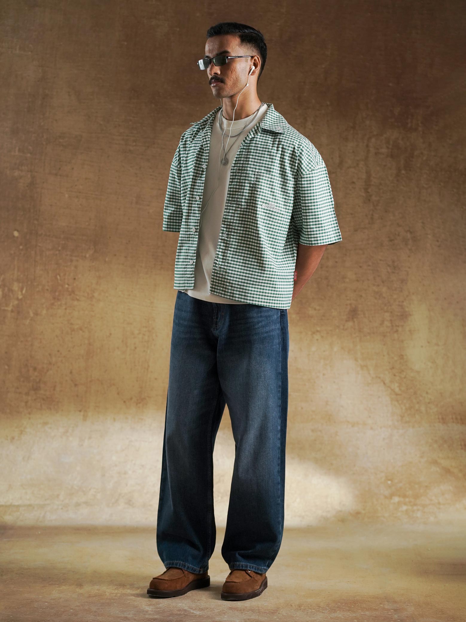 Back view of green check boxy shirt - GROOVY Pakistan