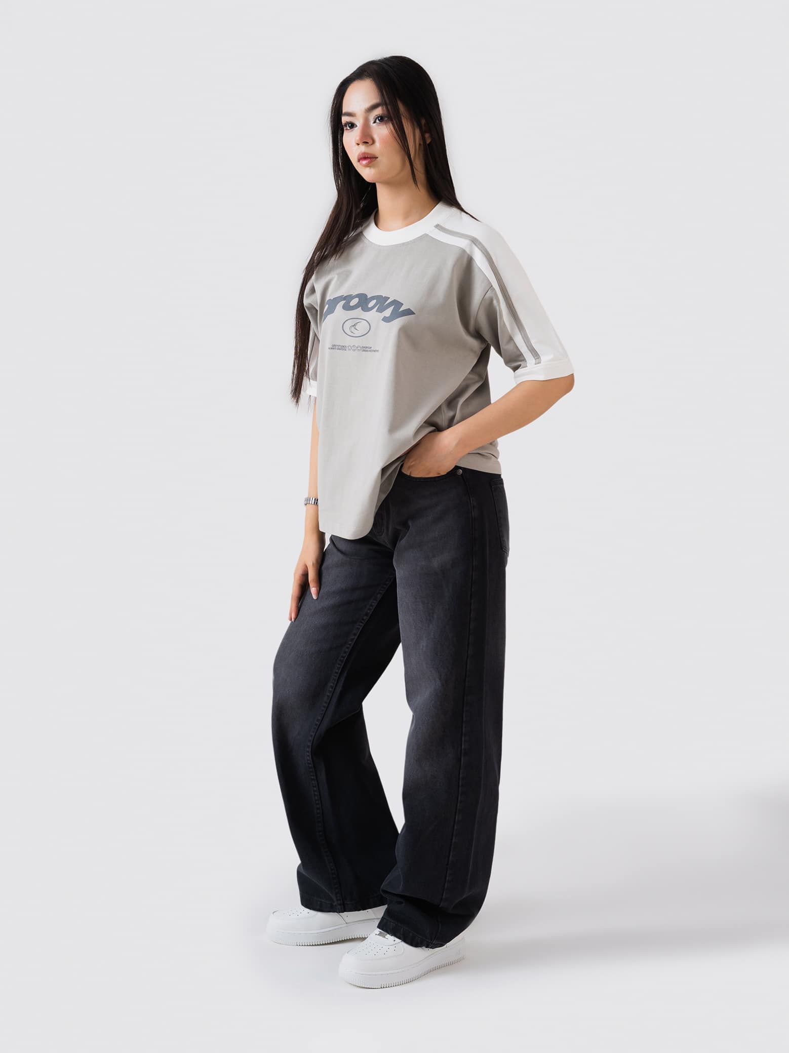 GROOVY slate grey ringer t-shirt, contrast trim, Pakistan streetwear