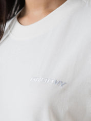 white oversized t-shirt from GROOVY, embroidered logo, made in Pakistan