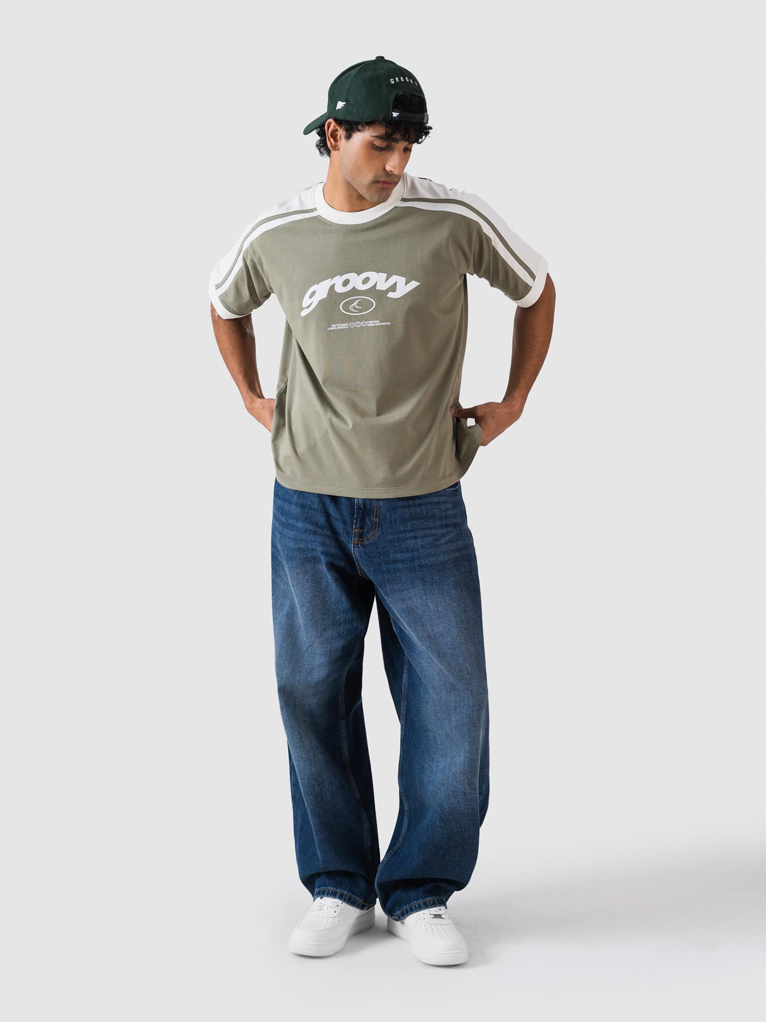 GROOVY ringer t-shirt, muted olive colorway, contrast trim, Pakistan
